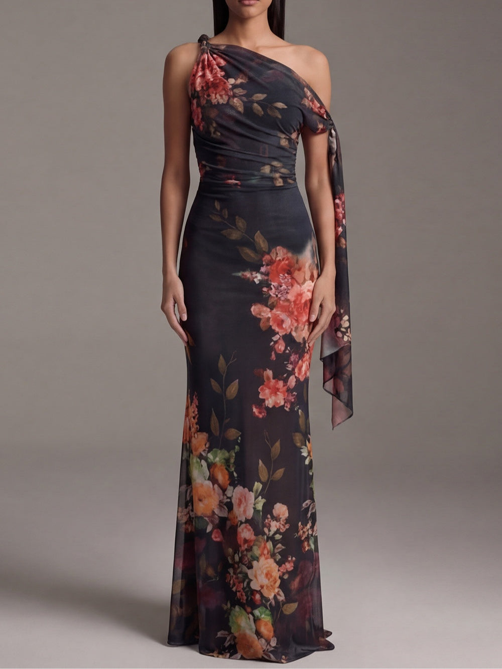 Black Floral Pleated One-Shoulder Maxi Dress
