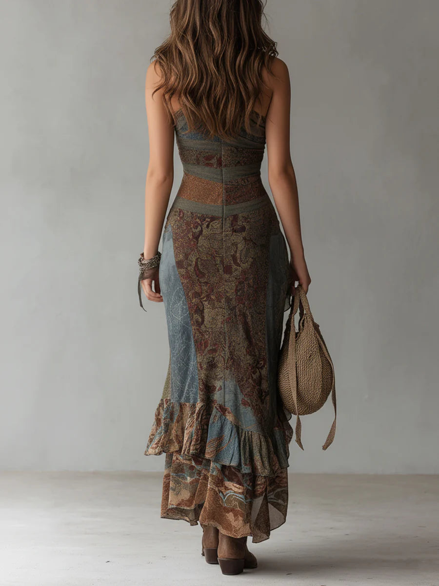 Ethnic Print Maxi Dress with One Shoulder