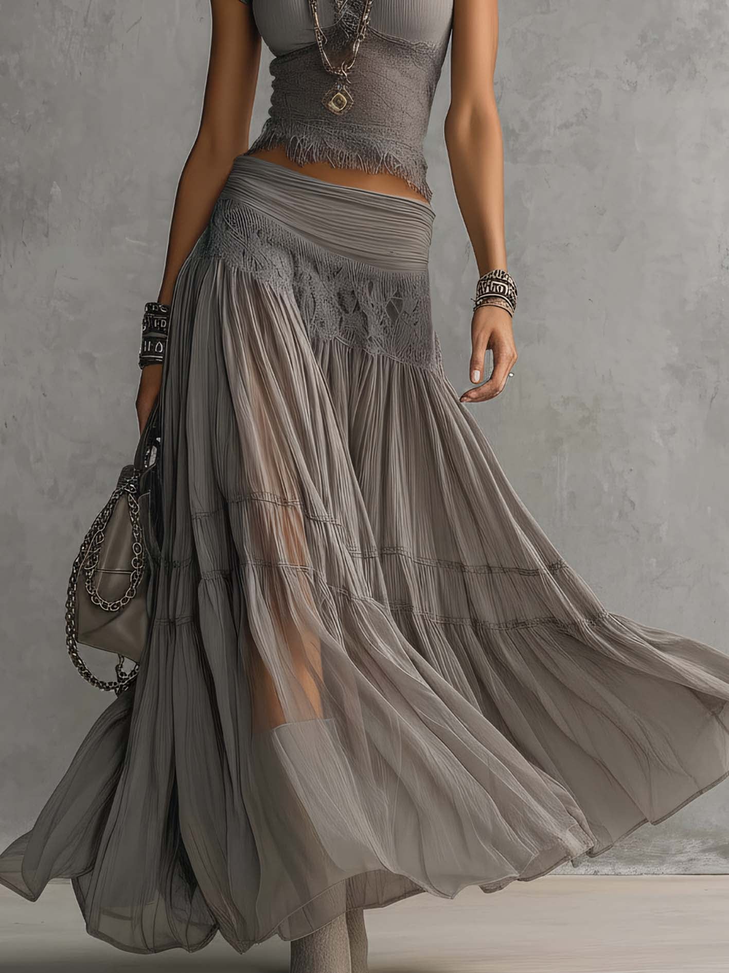 Gray Lace Top and Pleated Maxi Skirt Set