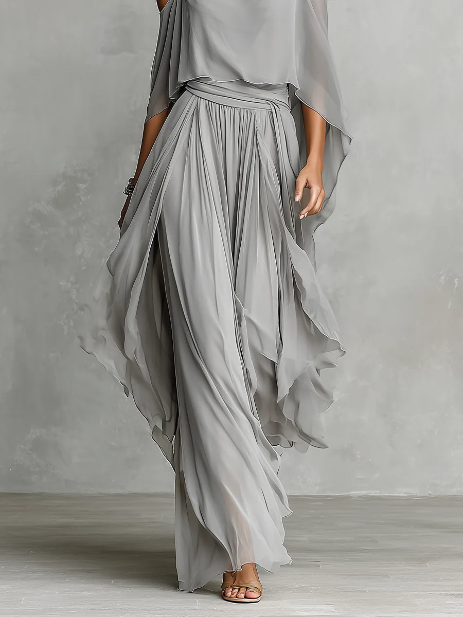 Gray Chiffon Off-Shoulder Top and Trousers Set