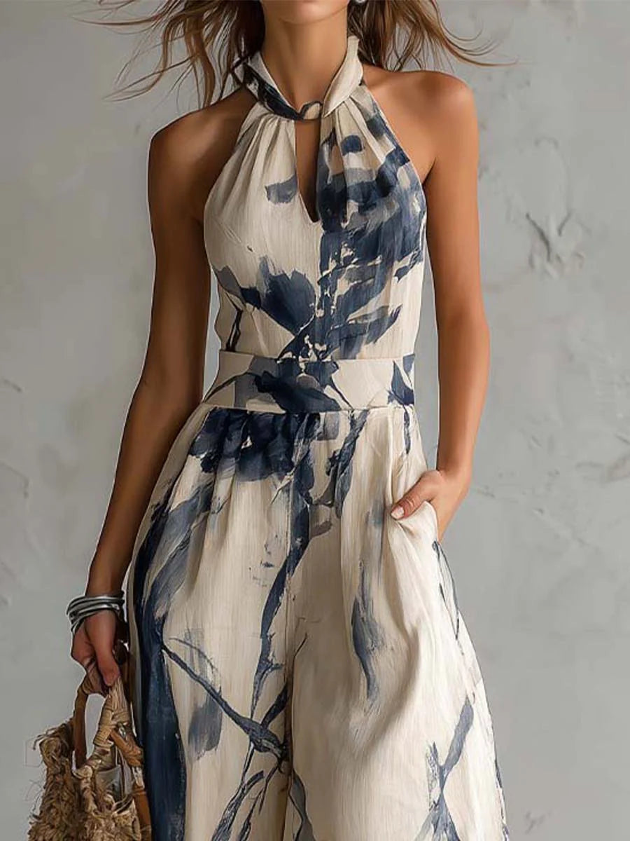 Ink Print Halter Neck Jumpsuit with Wide-Leg Pockets