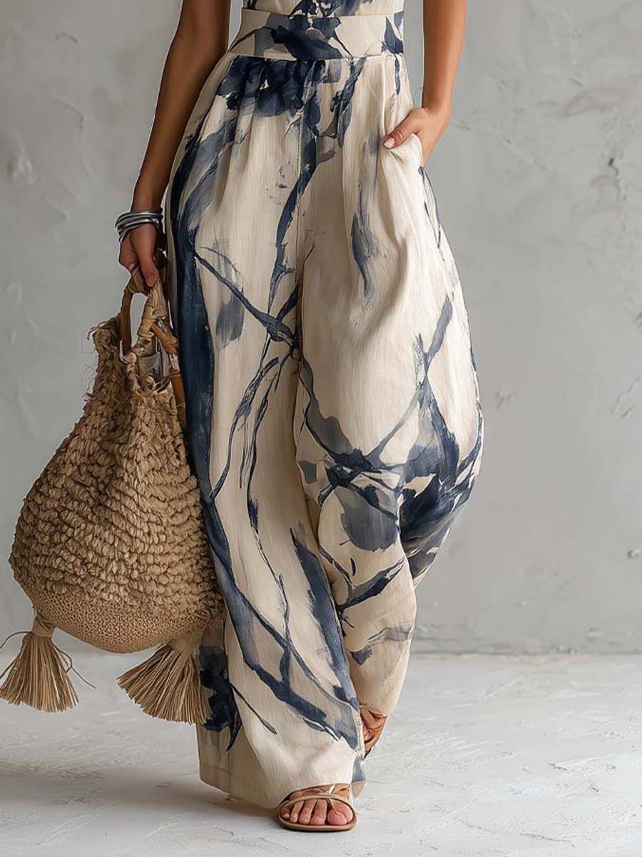 Ink Print Halter Neck Jumpsuit with Wide-Leg Pockets