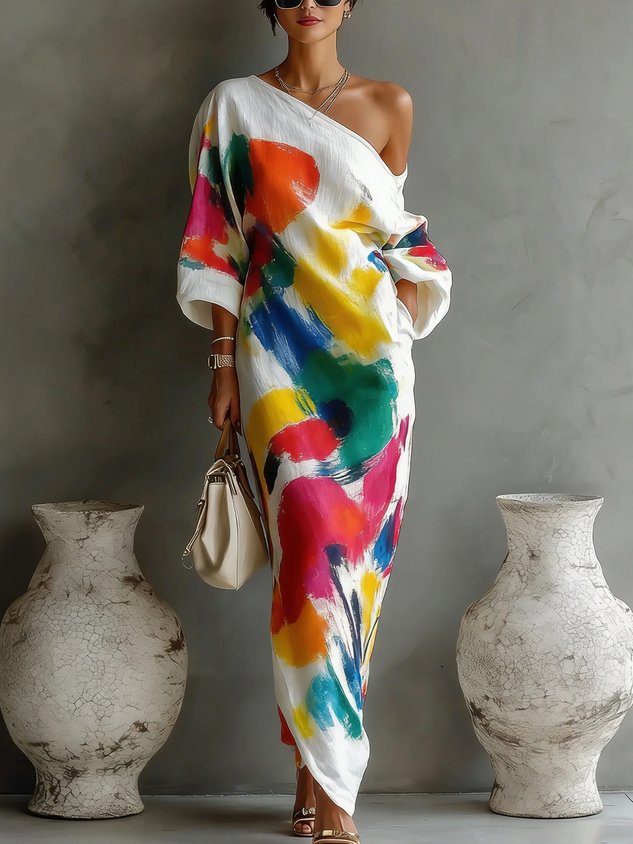 Danella | Abstract Print One-Shoulder Maxi Dress