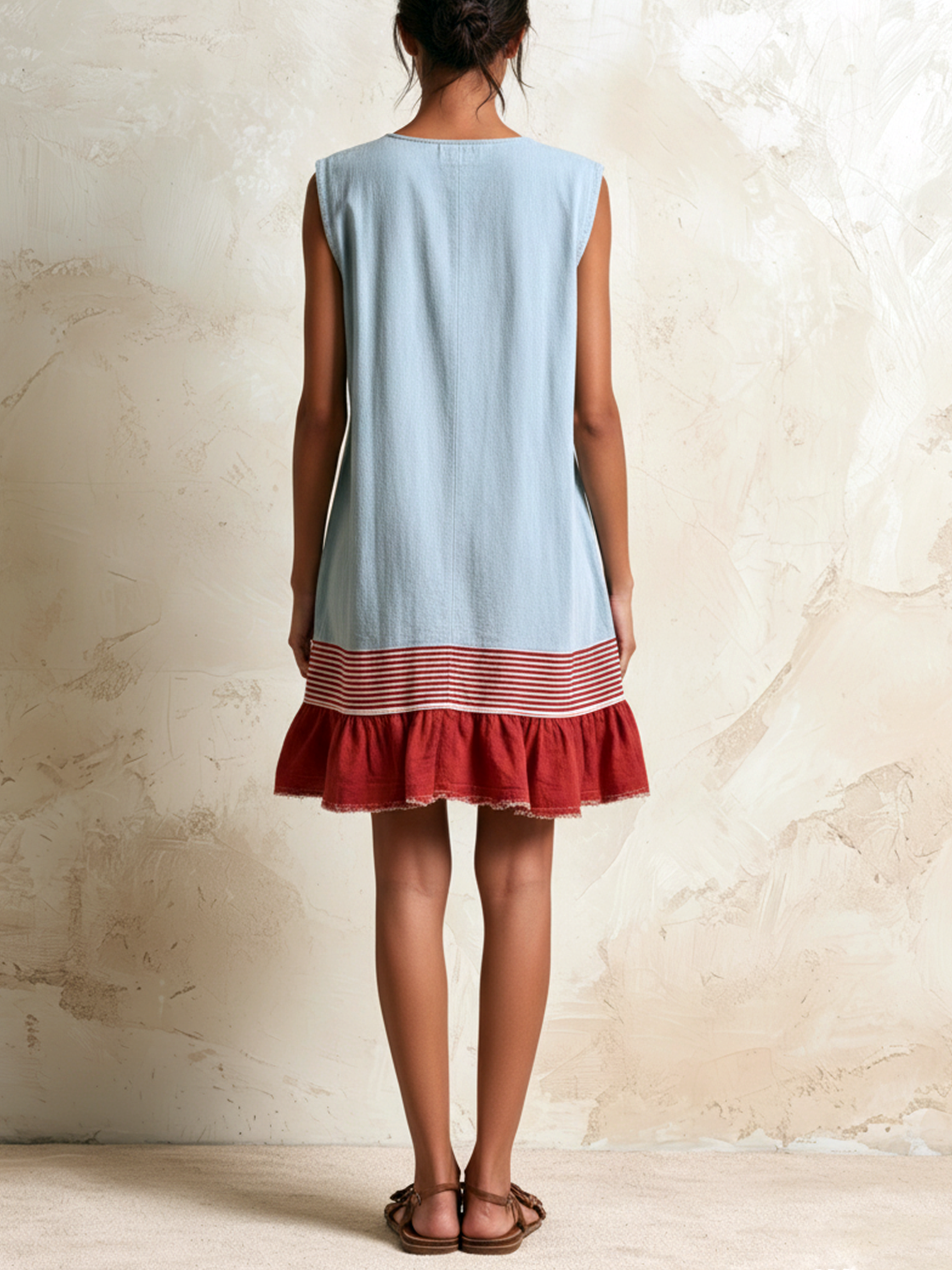 Katia | Sleeveless Tunic Dress in Light Blue with Red Stripe and Ruffled Hem