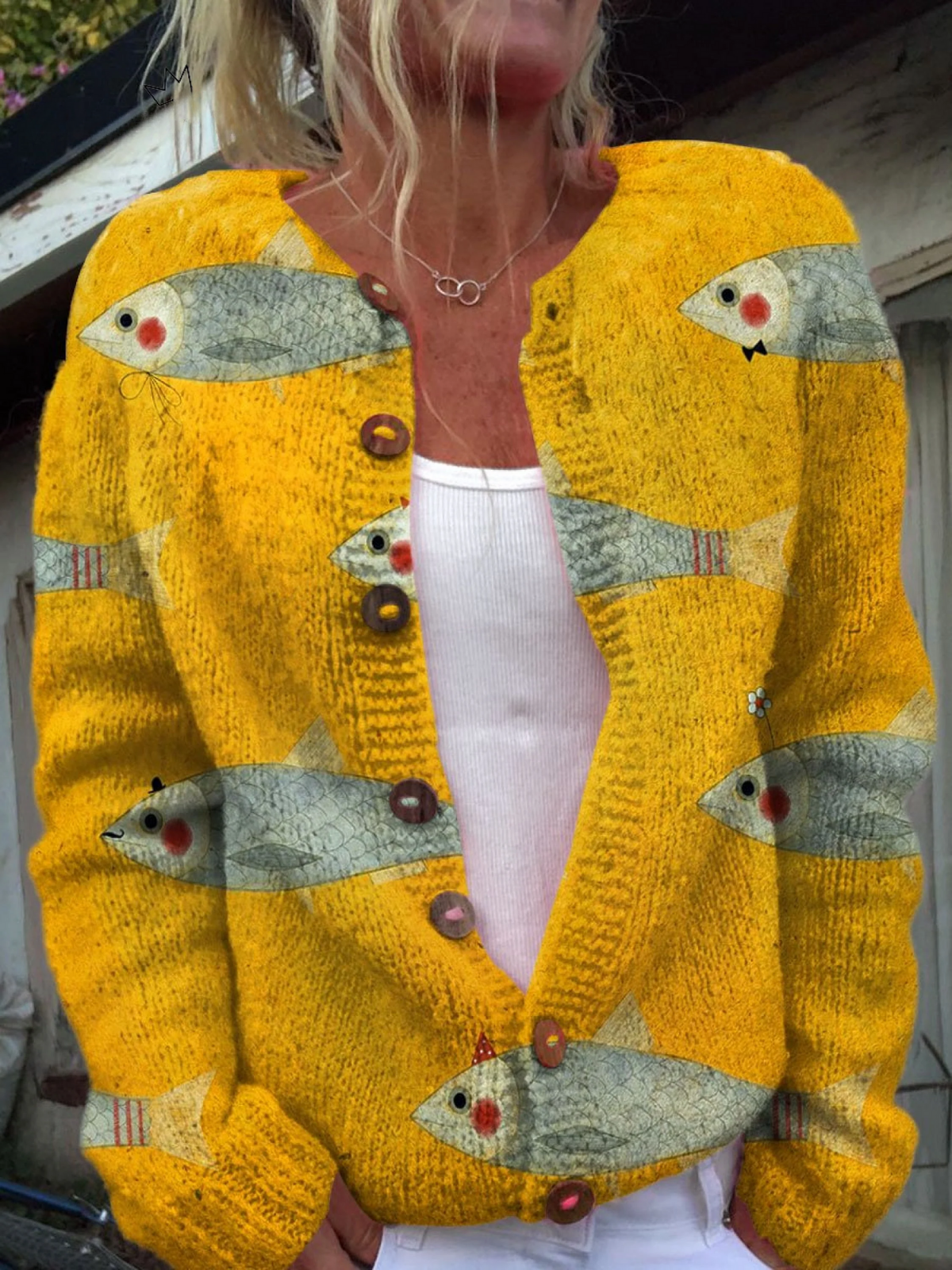 Beatrix | Whimsical Fish Print Knit Cardigan