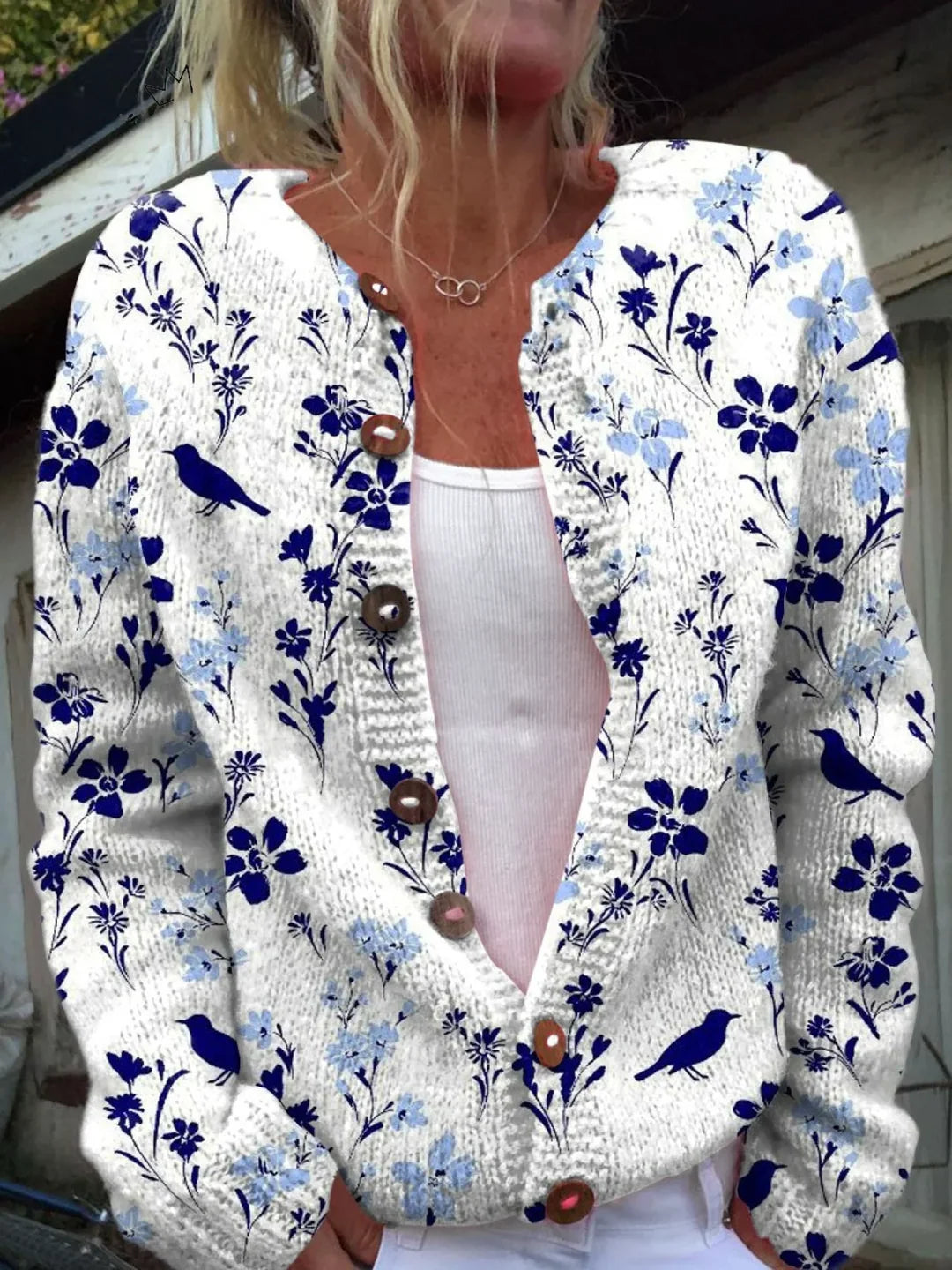 Vynora | Floral Bird Print Knit Cardigan