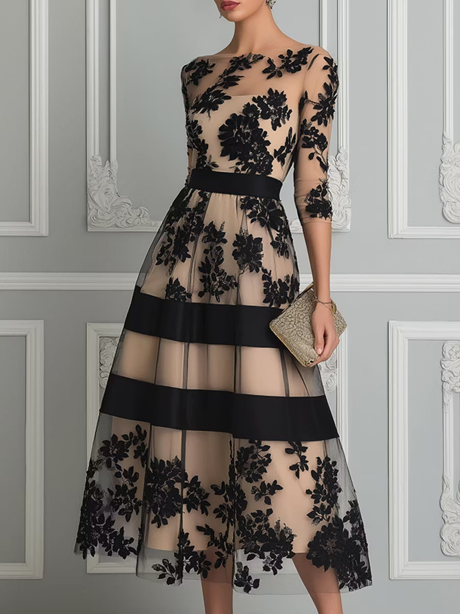 Lucia | Black Lace A-Line Midi Dress