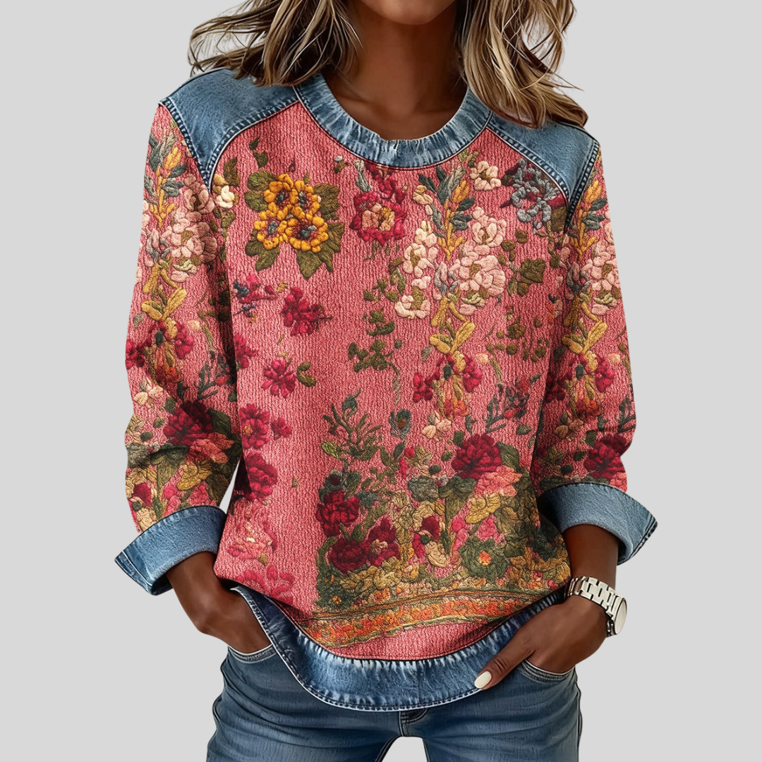 Orabelle | Floral Print Denim-Trim Sweatshirt
