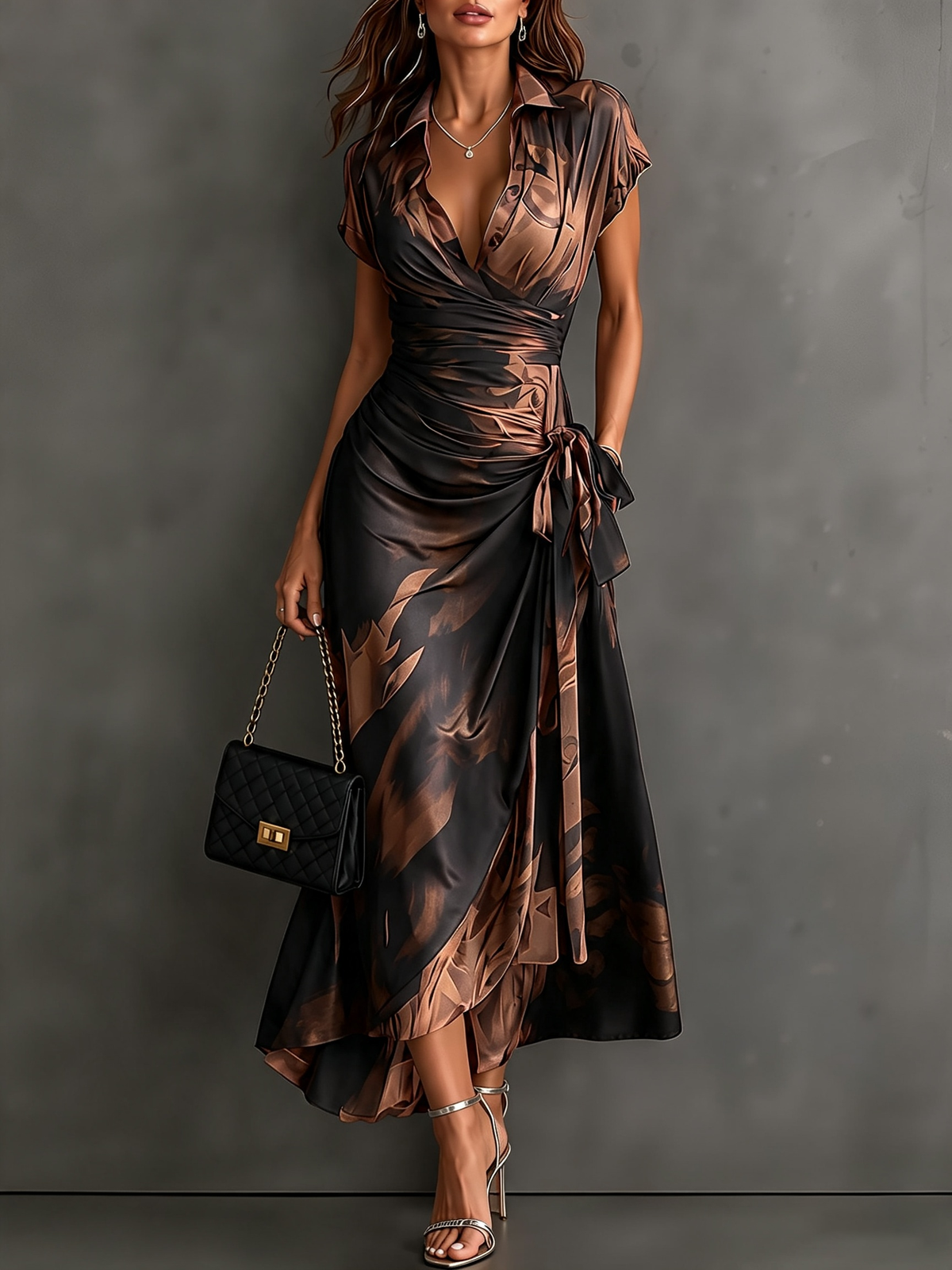 Nadia | Abstract Print Wrap Midi Dress in Brown