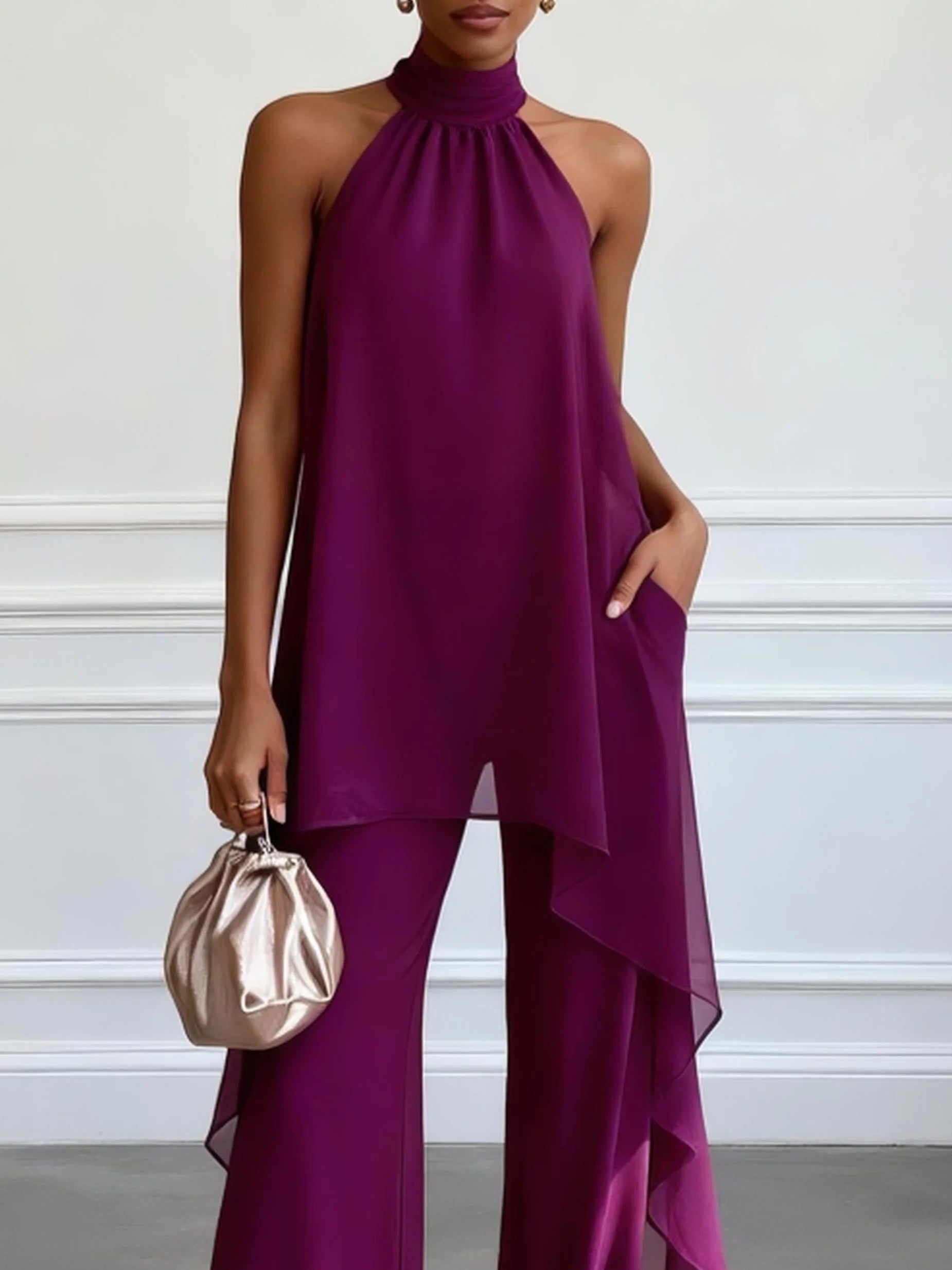 Purple Asymmetric Halter Top and Trousers Set