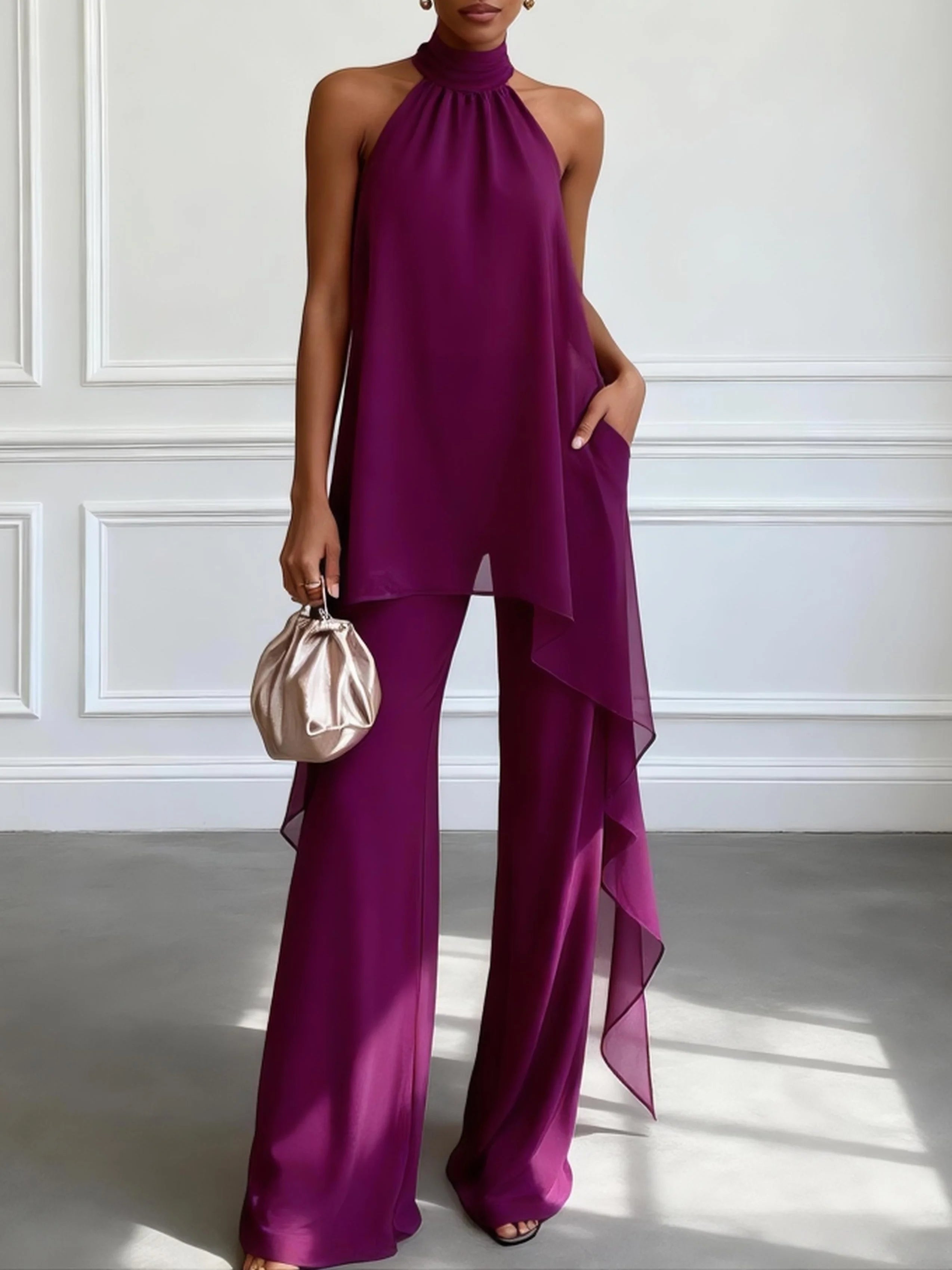 Purple Asymmetric Halter Top and Trousers Set