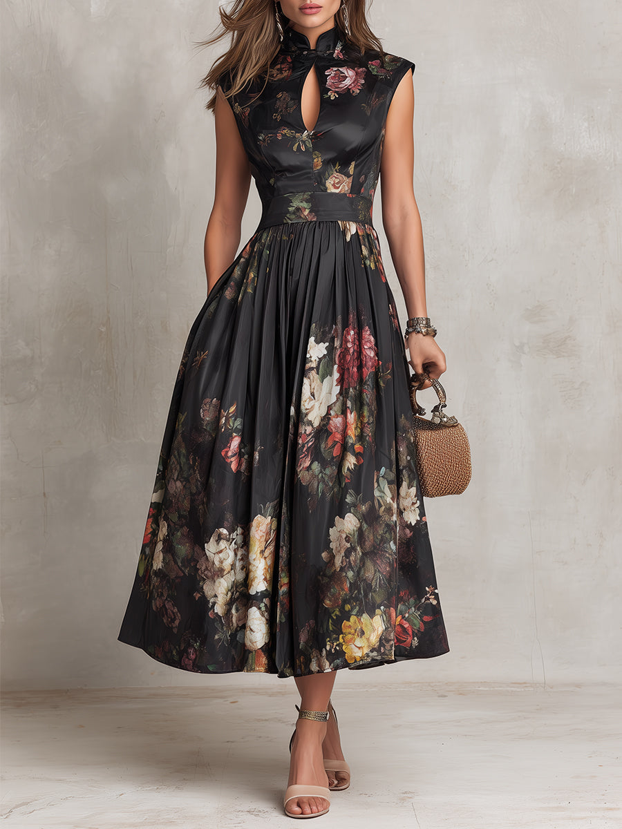 Pleated Satin Midi Dress with Black Keyhole Neckline