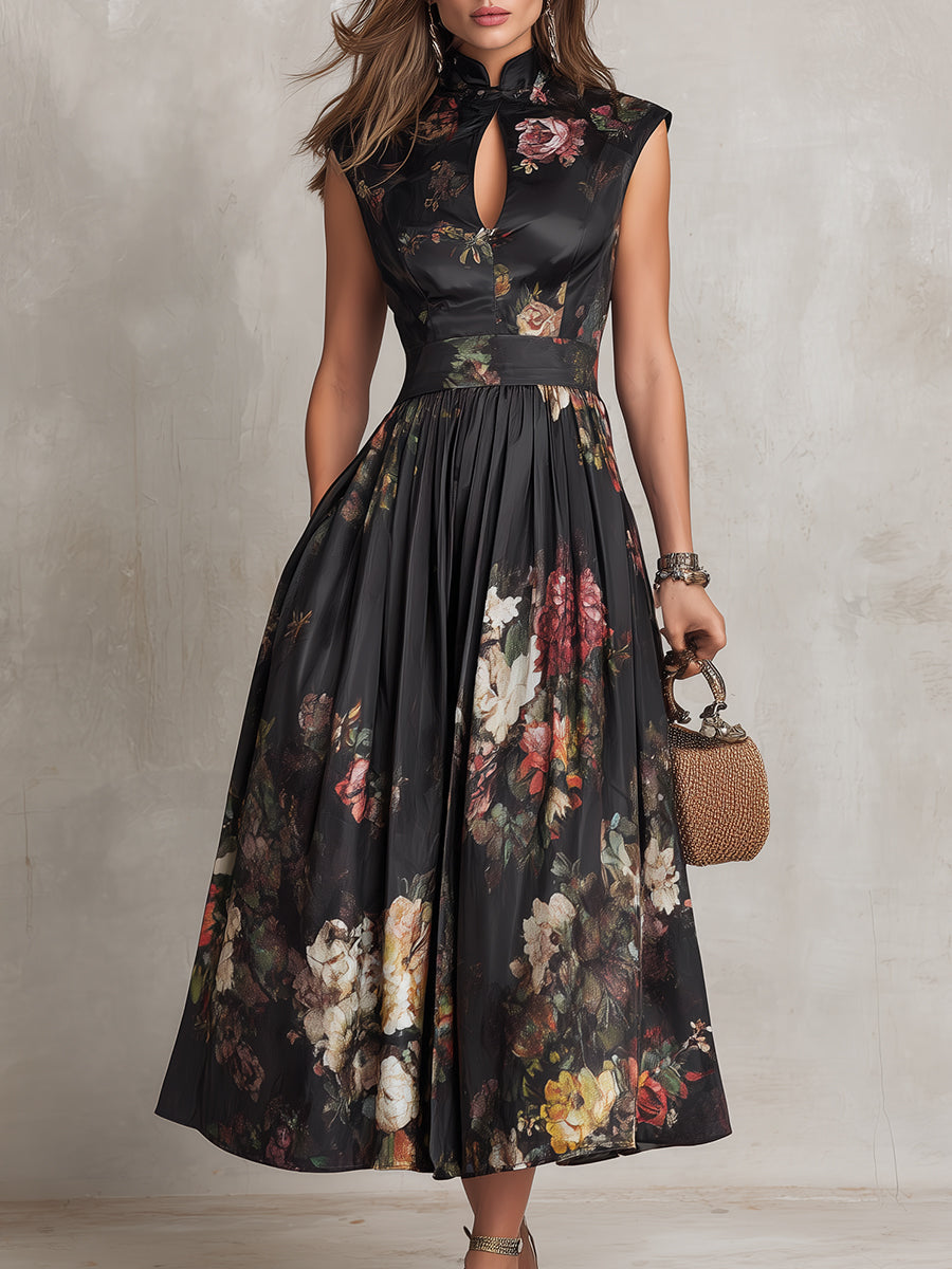 Pleated Satin Midi Dress with Black Keyhole Neckline