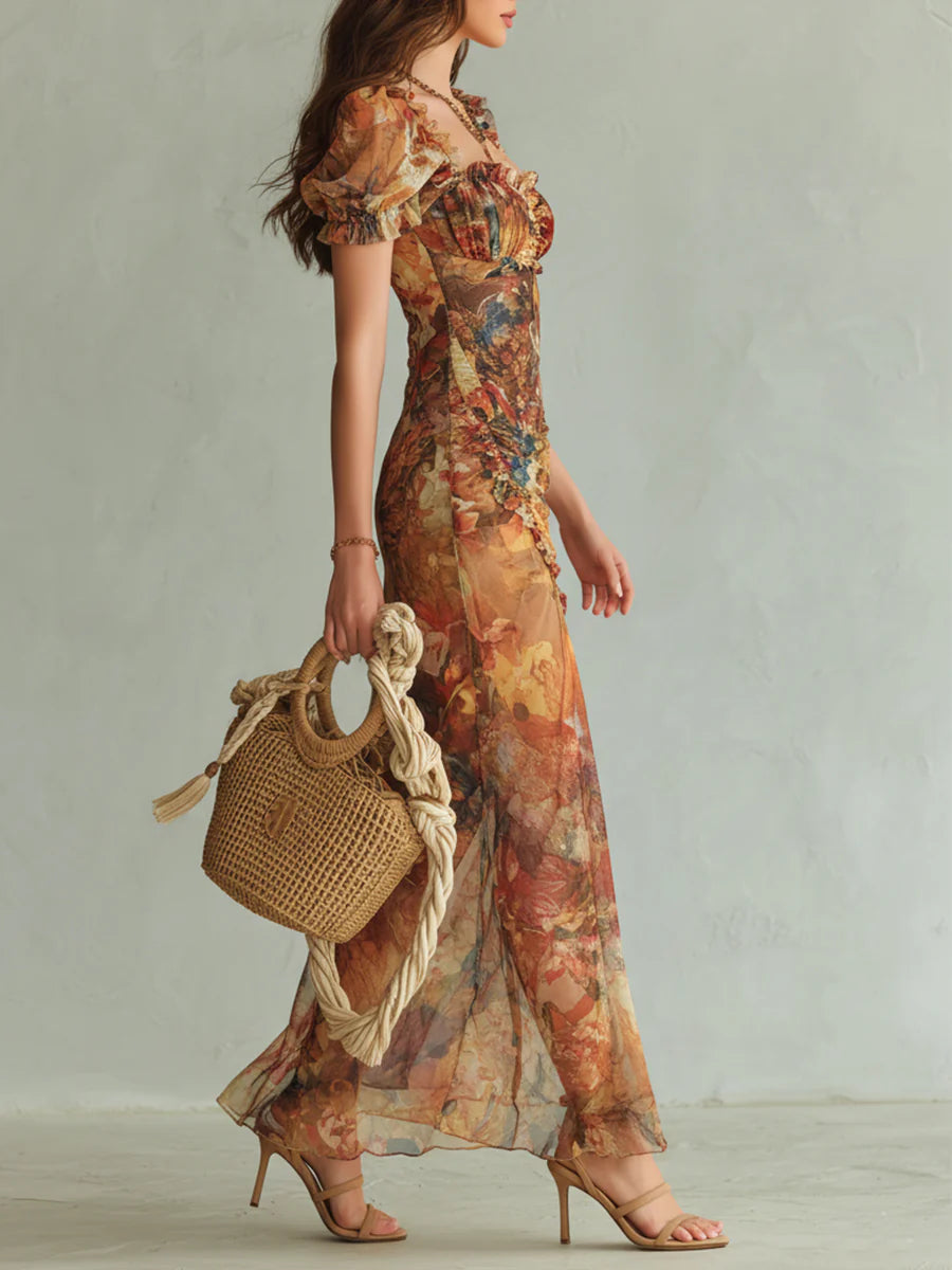 Orange Oil-Painting Print Chiffon Maxi Dress