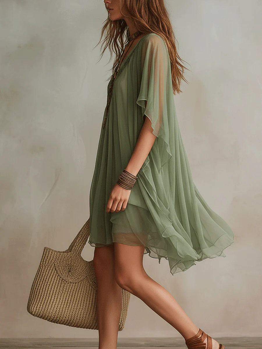 Green Flowy Chiffon Mini Dress with V-Neck