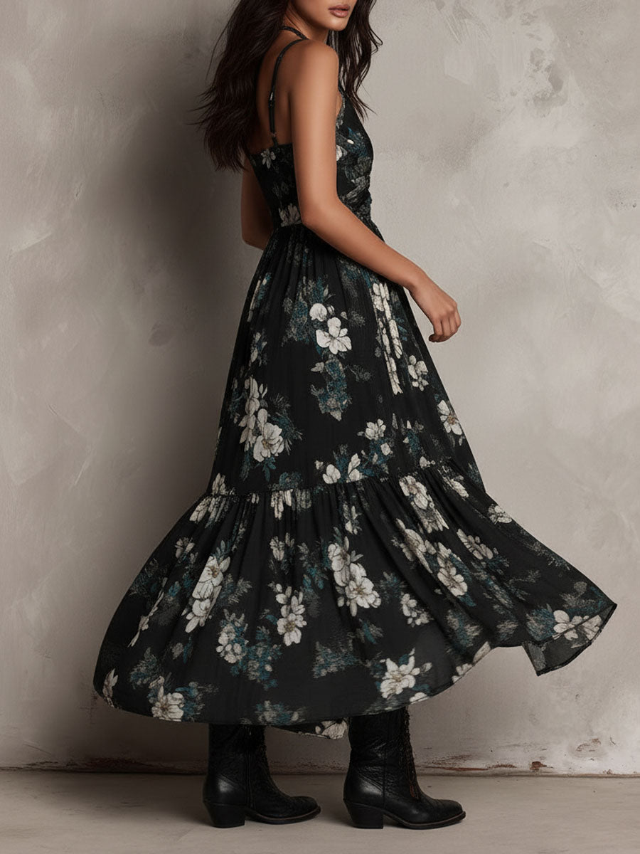 Black Boho Floral Print Maxi Dress with Ruffle V-Neck