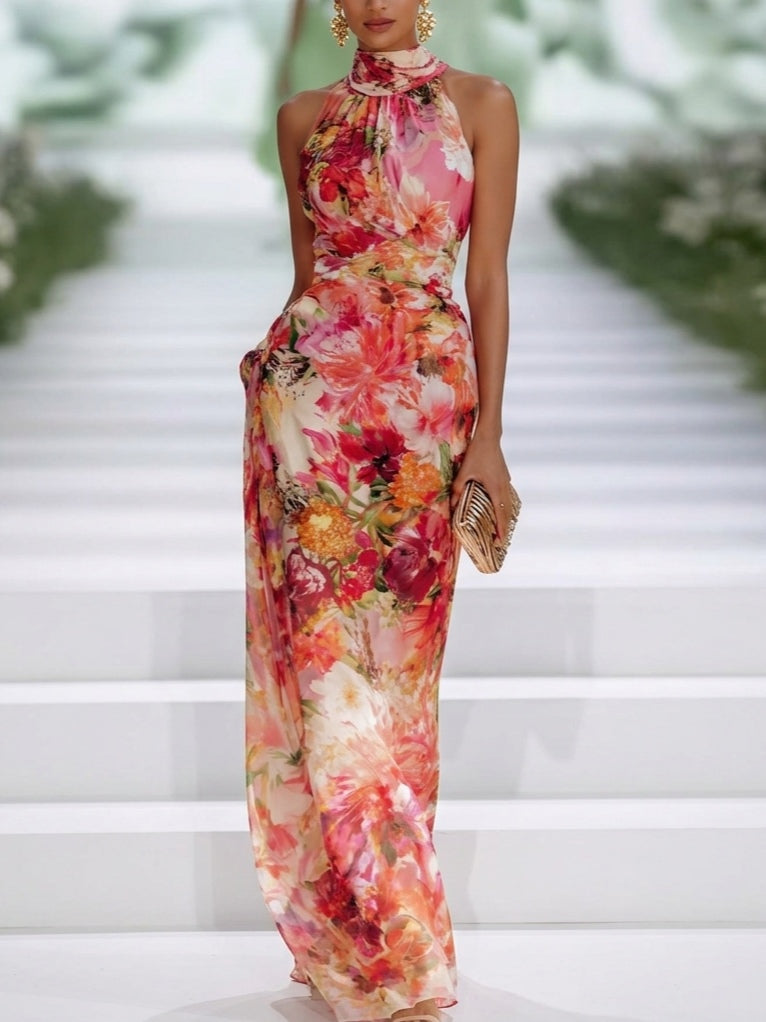Tropical Floral Print Chiffon Maxi Dress with Halter Neck