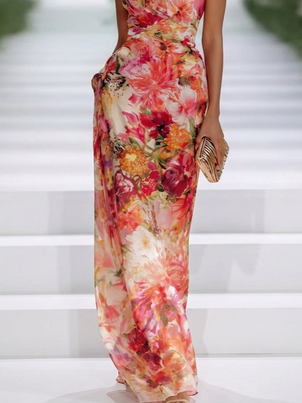 Tropical Floral Print Chiffon Maxi Dress with Halter Neck
