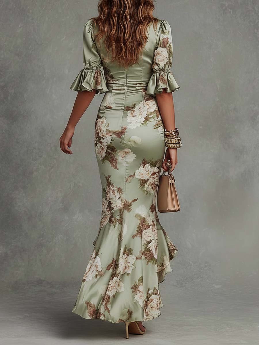 Green Floral Satin Asymmetric Maxi Dress with Ruffle Sleeves