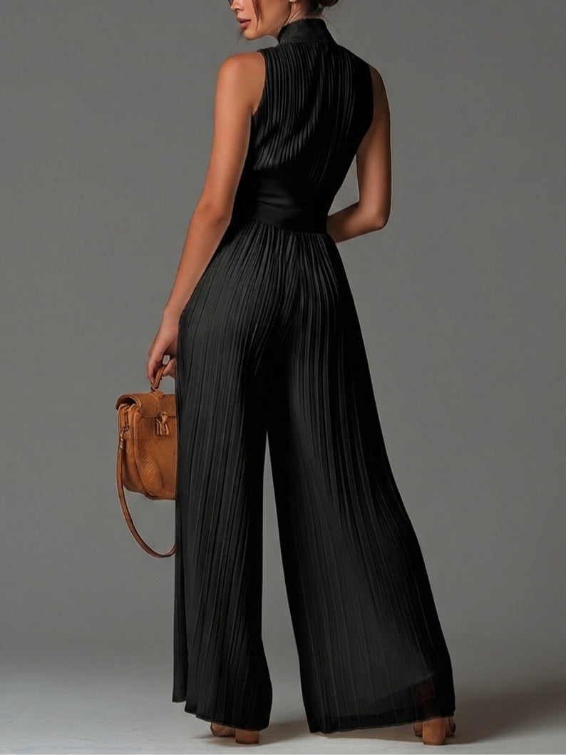 Black Pleated Wide-Leg Jumpsuit with V-Neck, Sleeveless