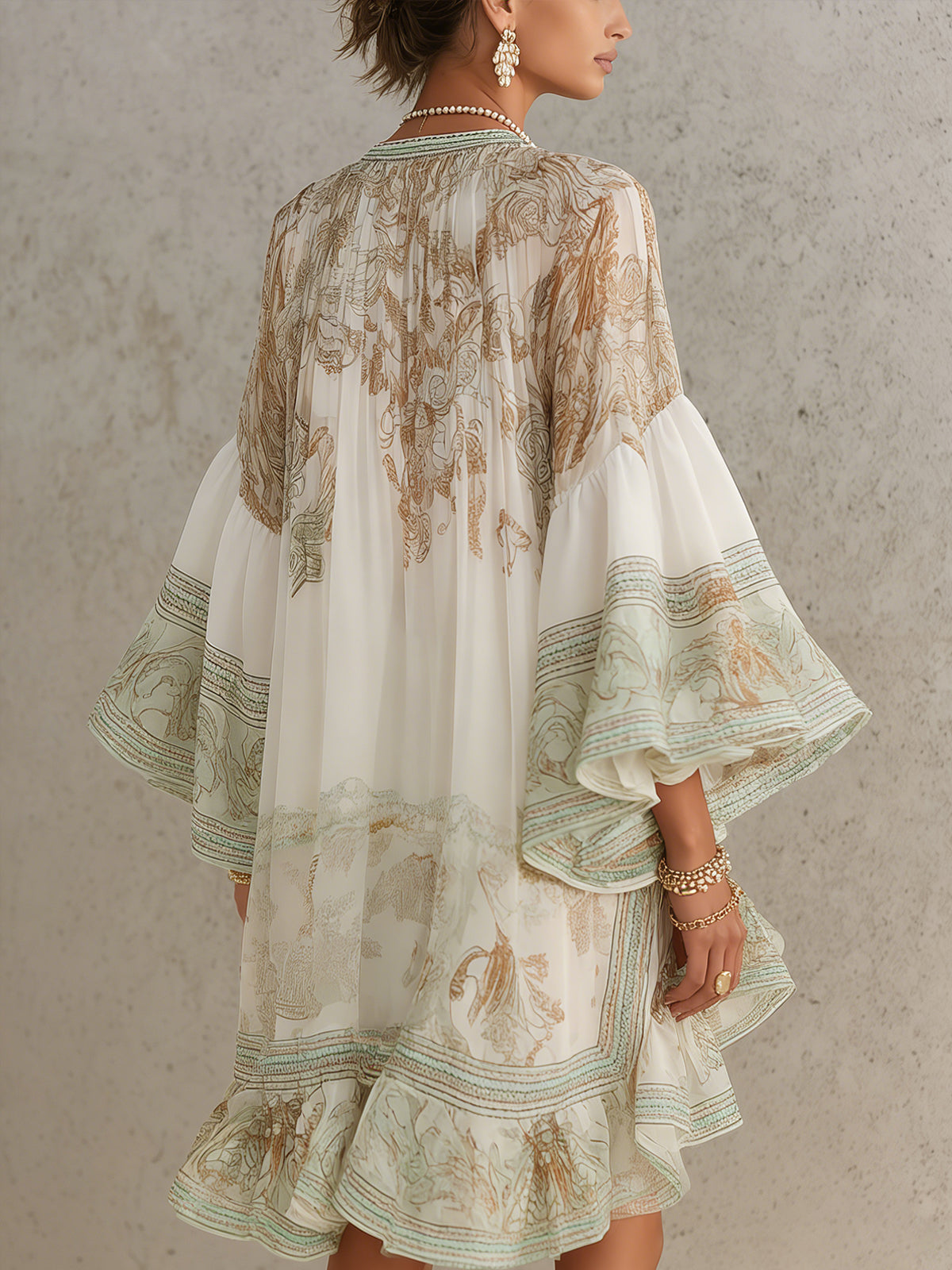 Ivory Chiffon Mini Dress with Sage Baroque Print and Ruffle Sleeves