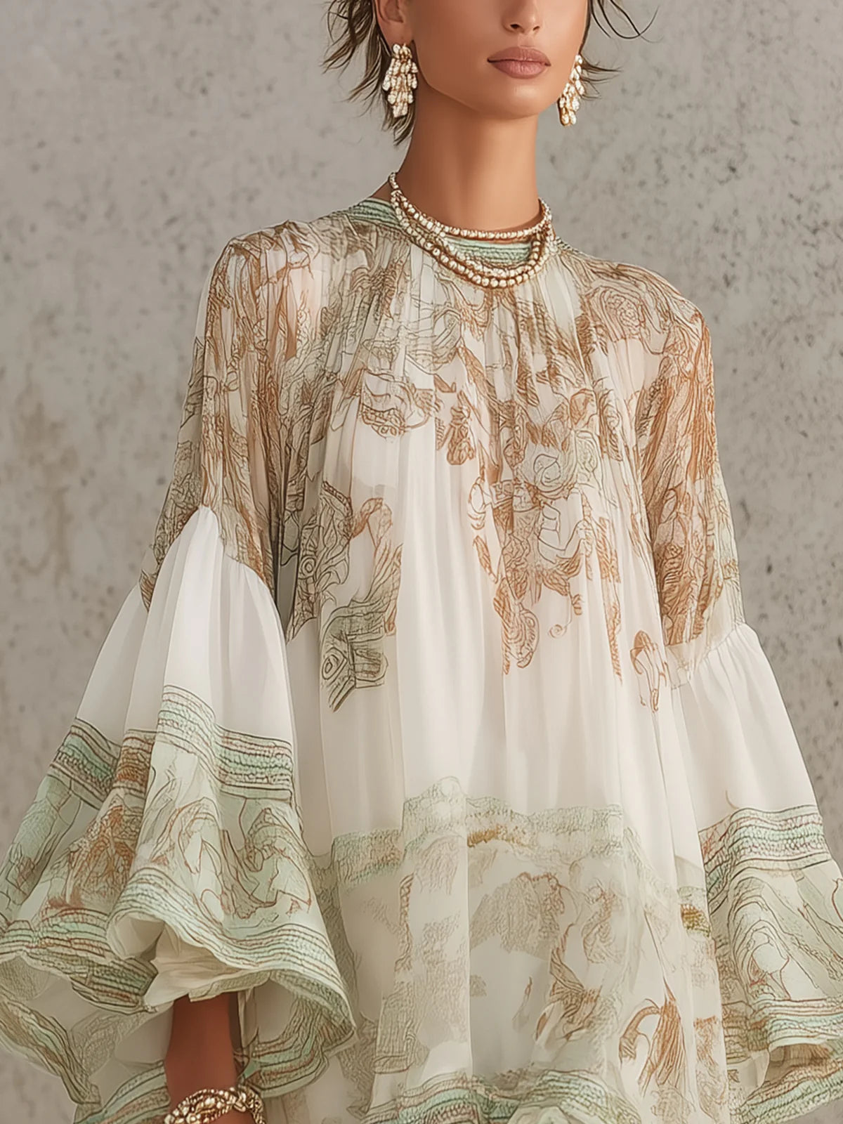 Ivory Chiffon Mini Dress with Sage Baroque Print and Ruffle Sleeves