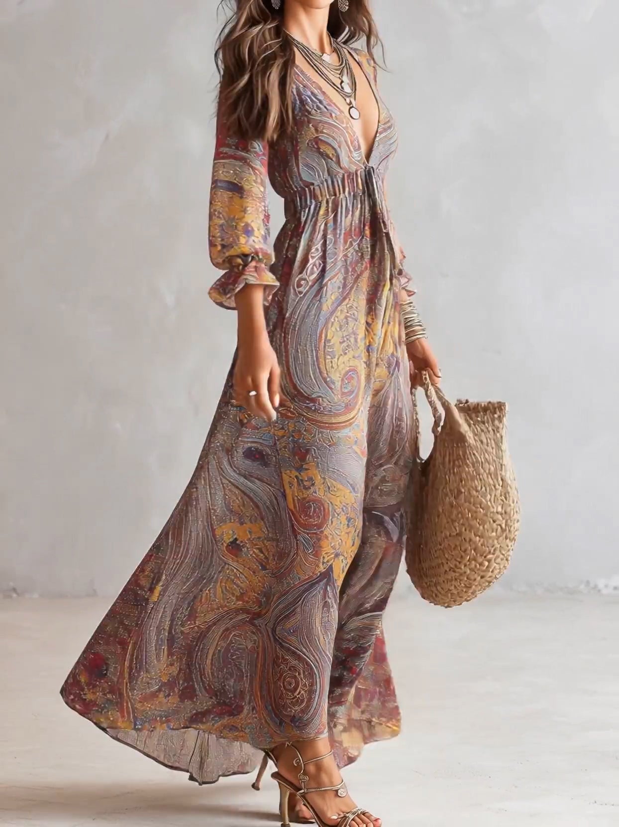 Paisley Print Chiffon Maxi Dress with V-Neck