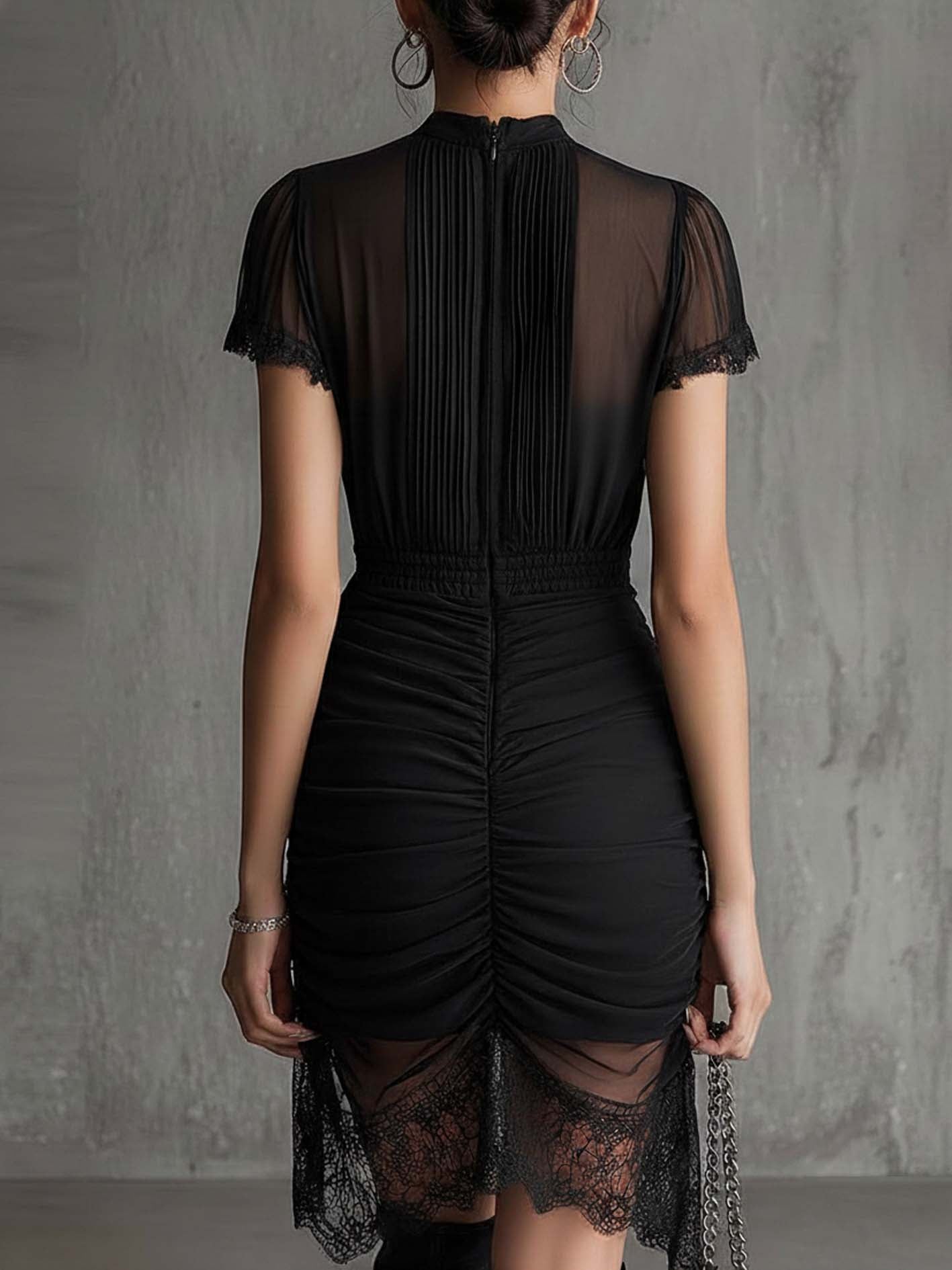 Black Chiffon Mini Dress with Pleated Bodice and Lace Hem