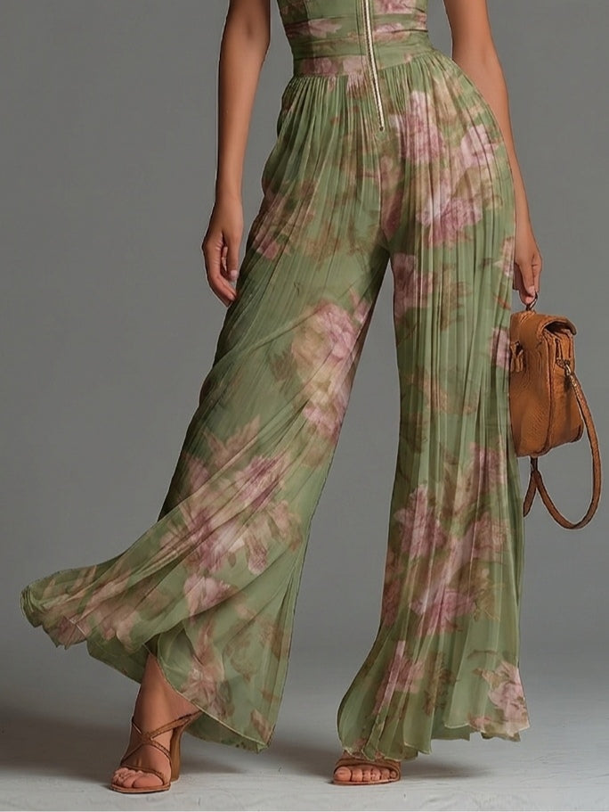 Pink and Sage Floral Chiffon Jumpsuit with Zip Front, Sleeveless
