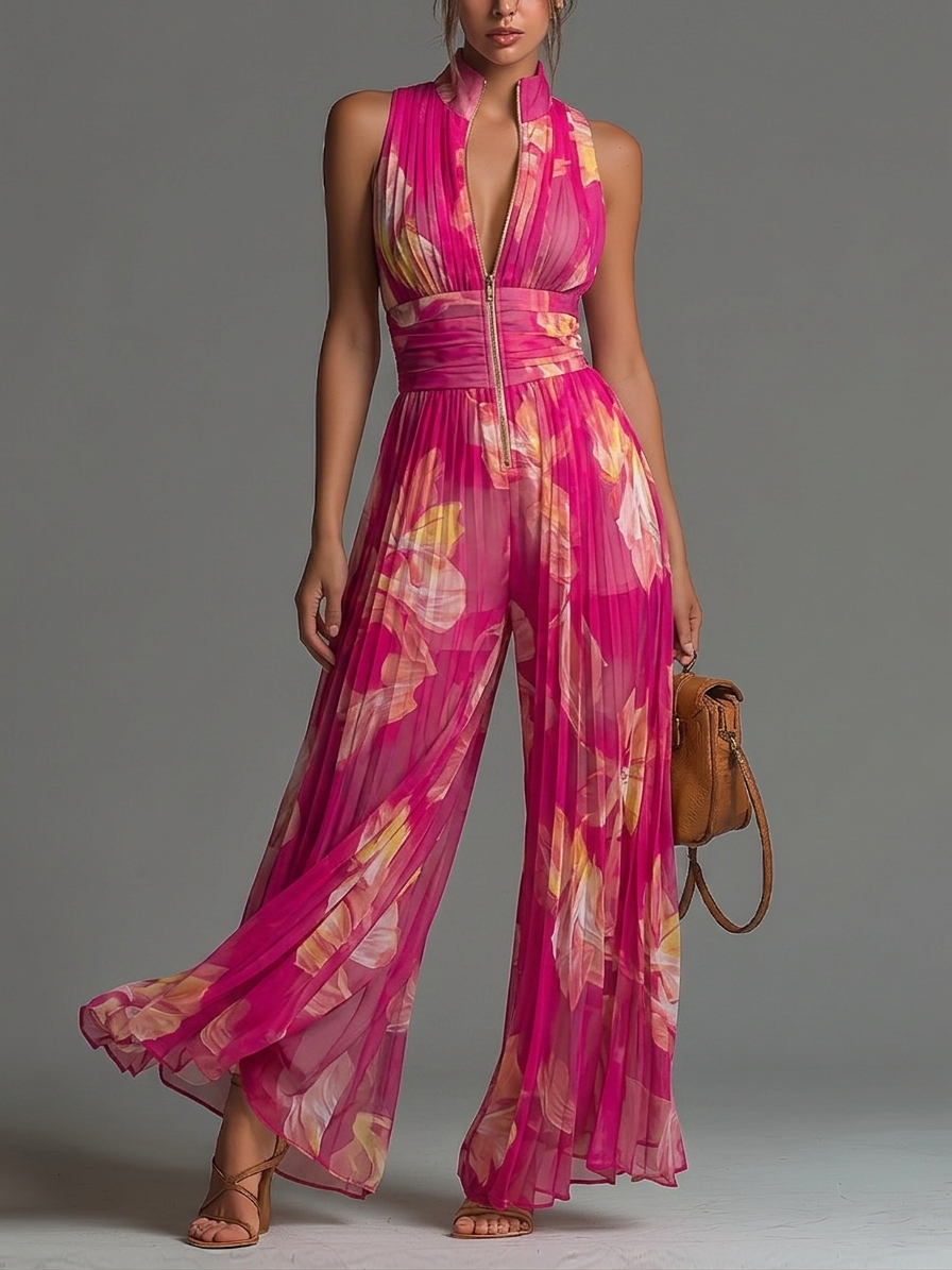 Fuchsia Floral Pleated Jumpsuit with Zip Front, Sleeveless