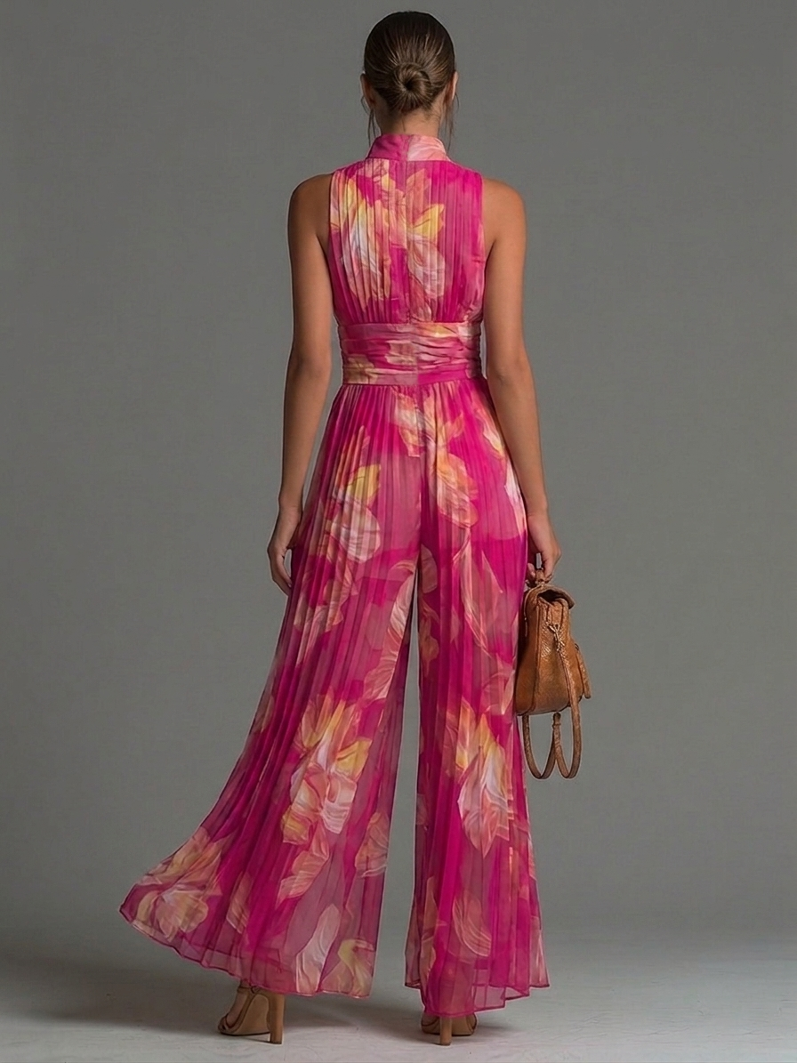Fuchsia Floral Pleated Jumpsuit with Zip Front, Sleeveless