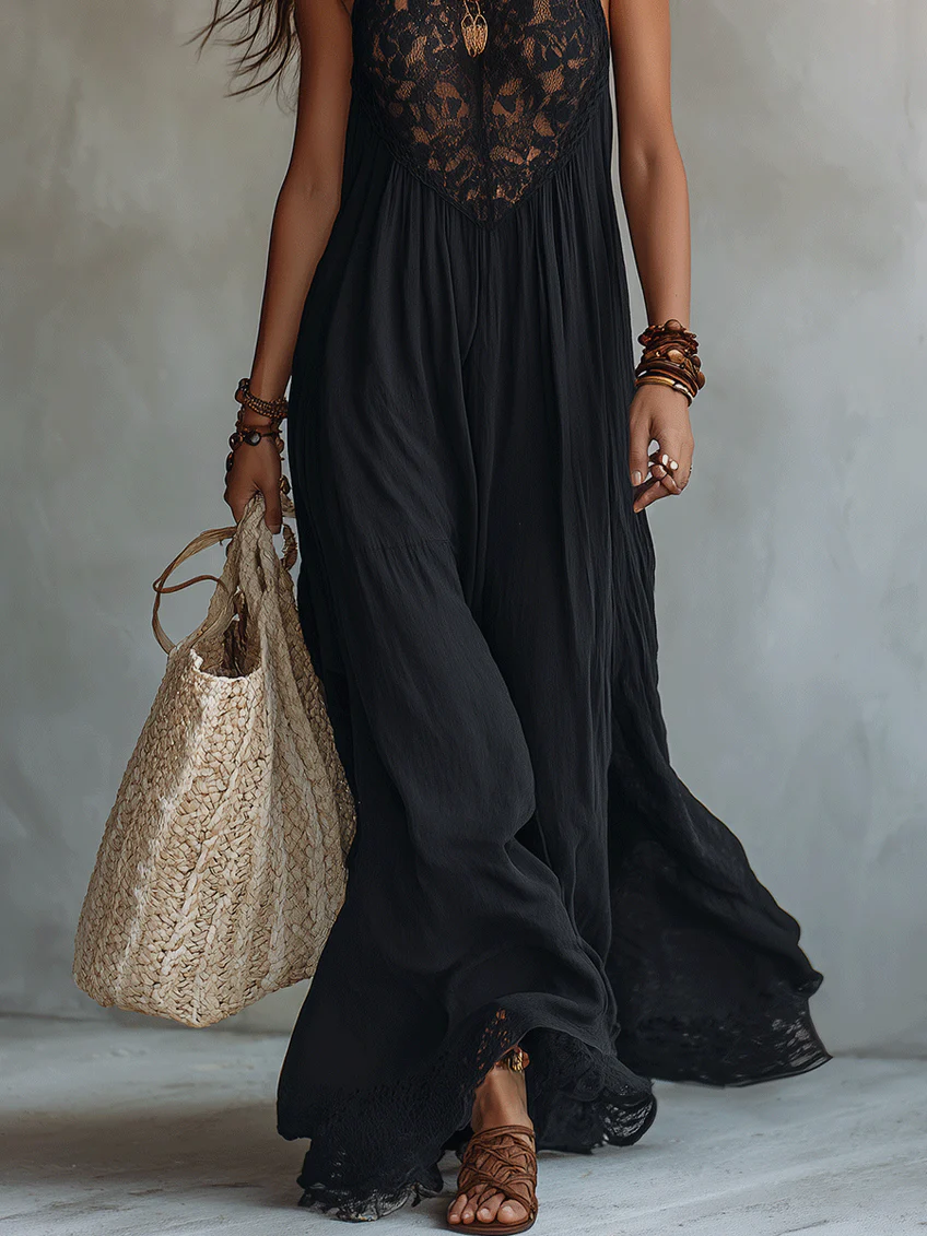 Black Sleeveless Maxi Dress with Boho Lace
