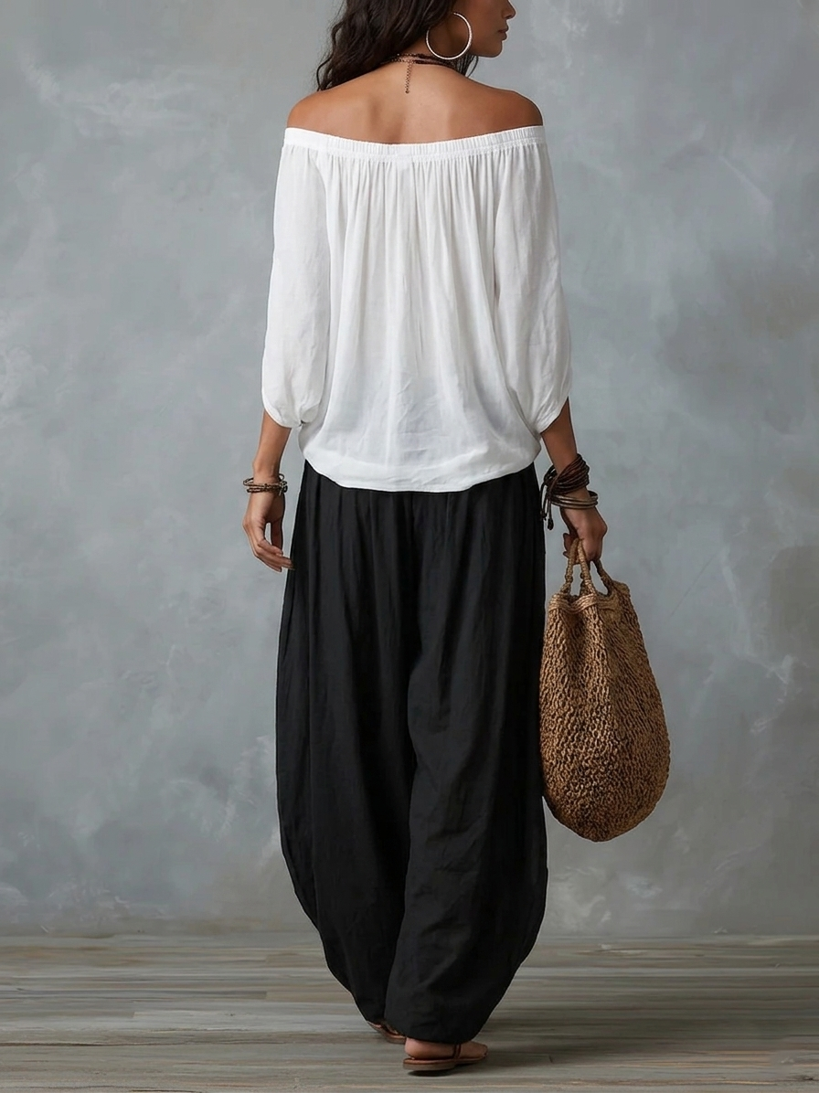 White Off-Shoulder Top and Wide-Leg Lantern Trousers Set