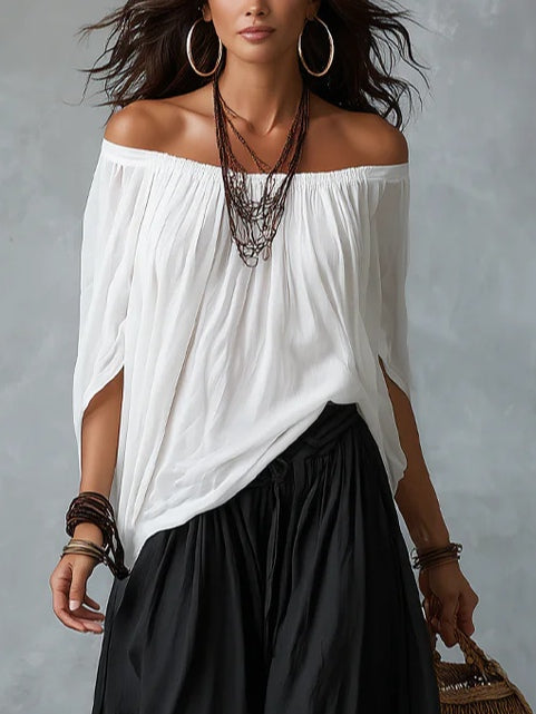 White Off-Shoulder Top and Wide-Leg Lantern Trousers Set