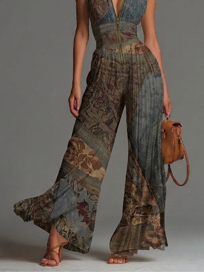Boho Ethnic Print Jumpsuit with Zip Front, Sleeveless