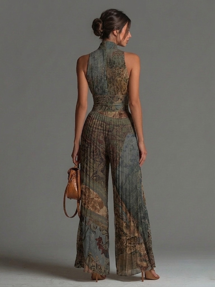 Boho Ethnic Print Jumpsuit with Zip Front, Sleeveless