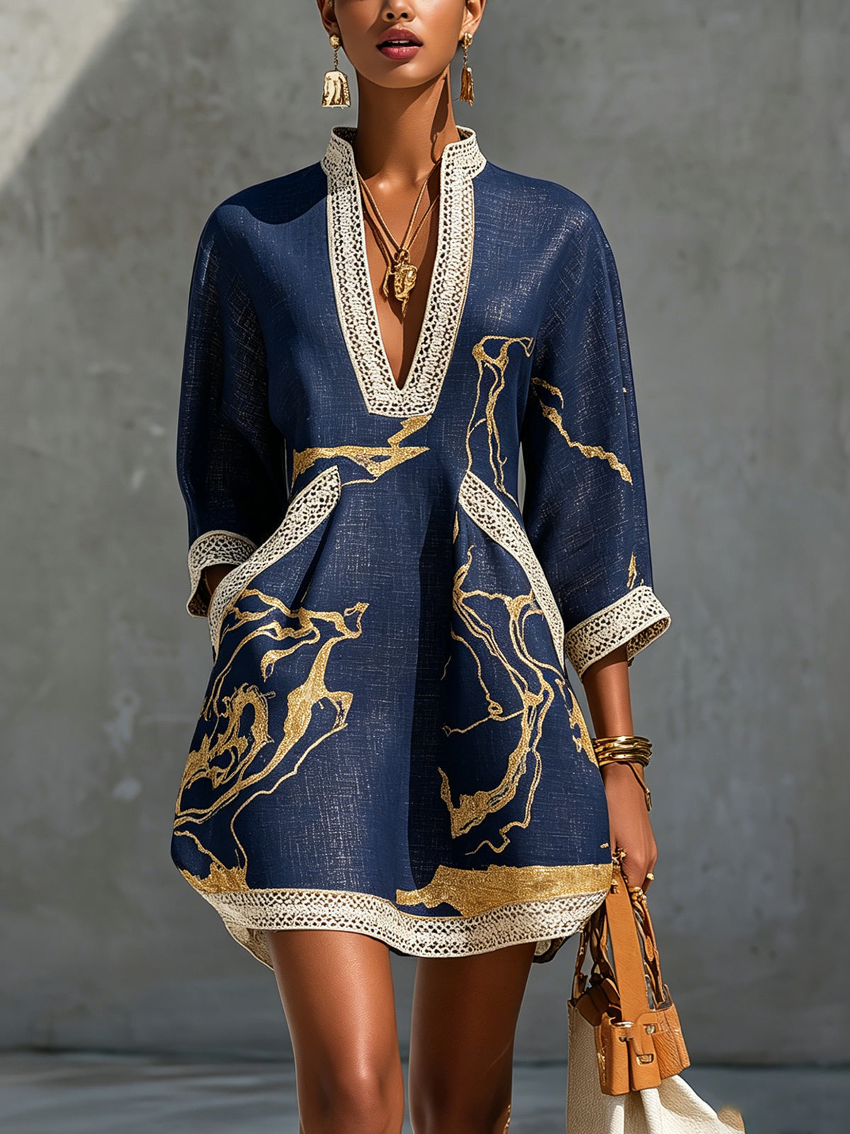 Donatella | Black Mini Dress with Gold Marble Print and Crochet Lace
