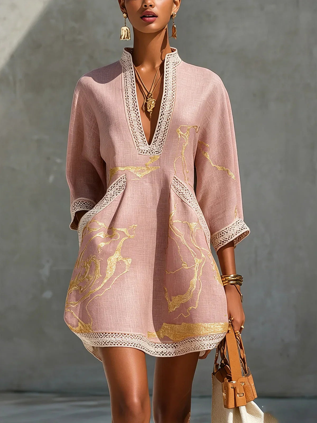 Renata | Lace Mini Dress with Gold Print and Deep V-Neck