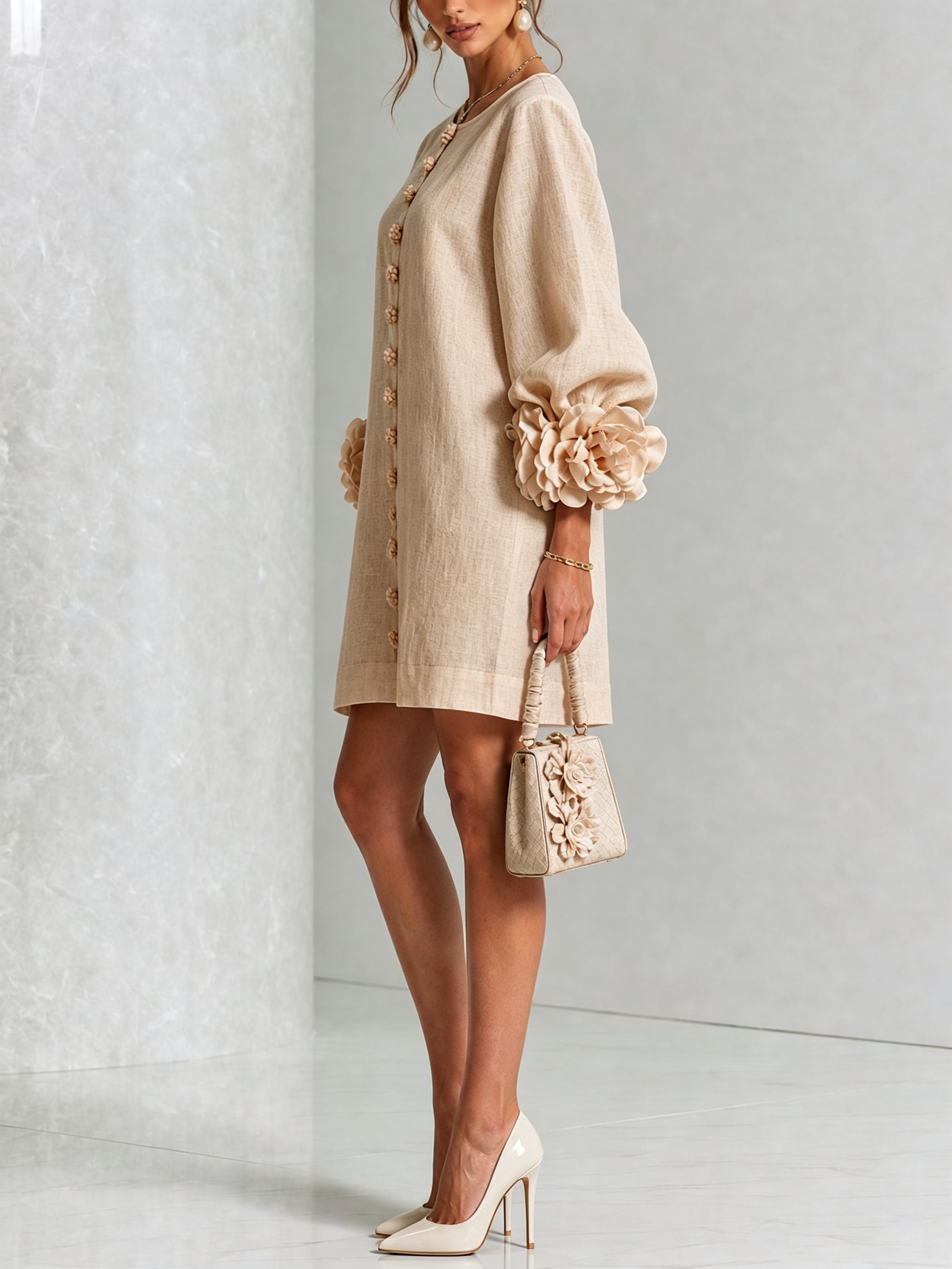 White Floral Shirt Mini Dress with Statement Floral Cuffs