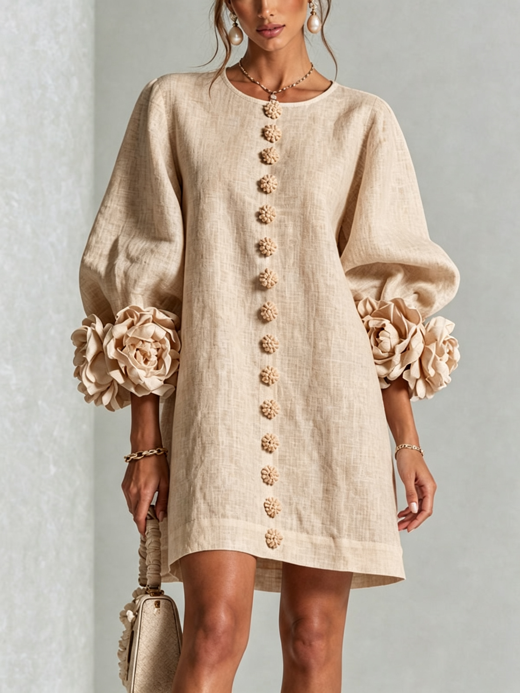 White Floral Shirt Mini Dress with Statement Floral Cuffs