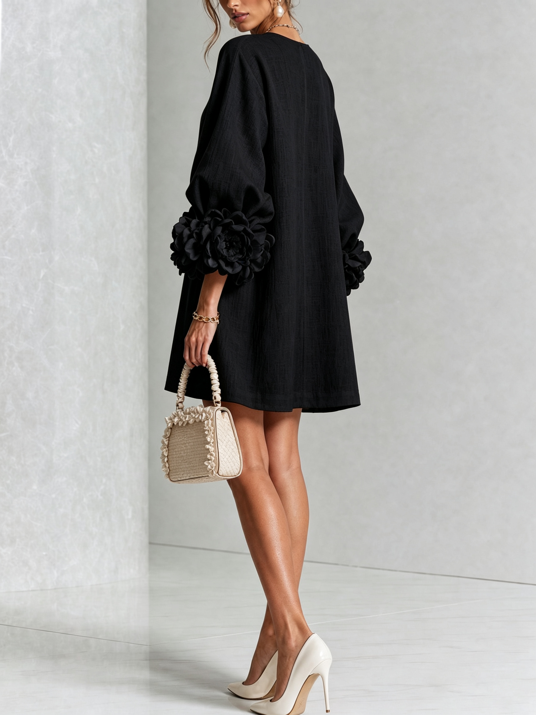 White Floral Shirt Mini Dress with Statement Floral Cuffs