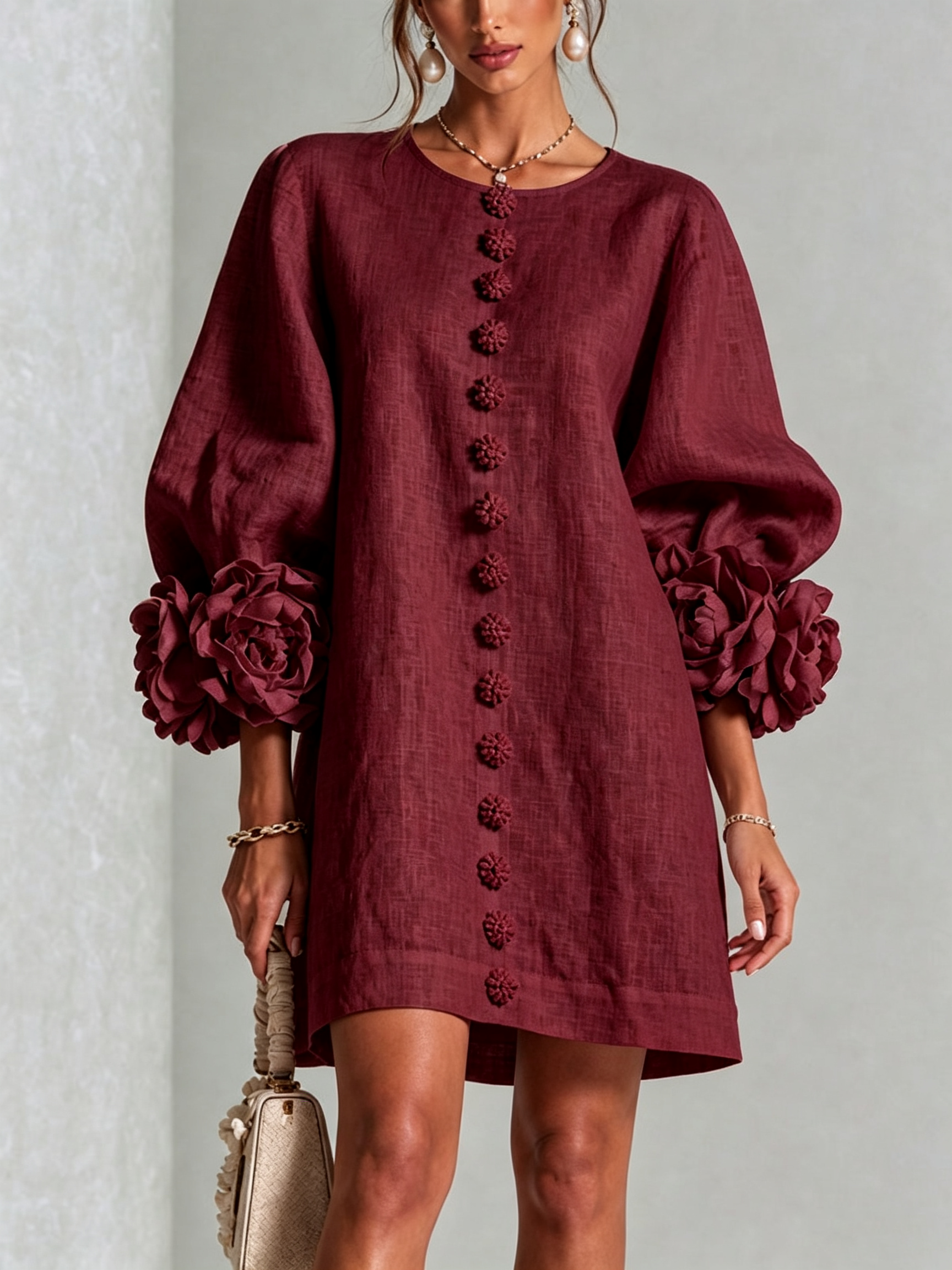 White Floral Shirt Mini Dress with Statement Floral Cuffs