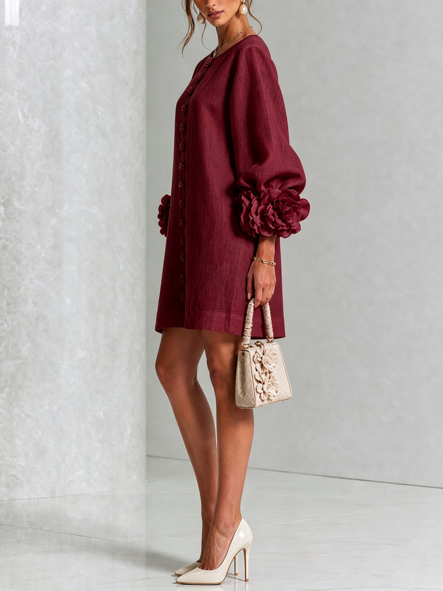White Floral Shirt Mini Dress with Statement Floral Cuffs