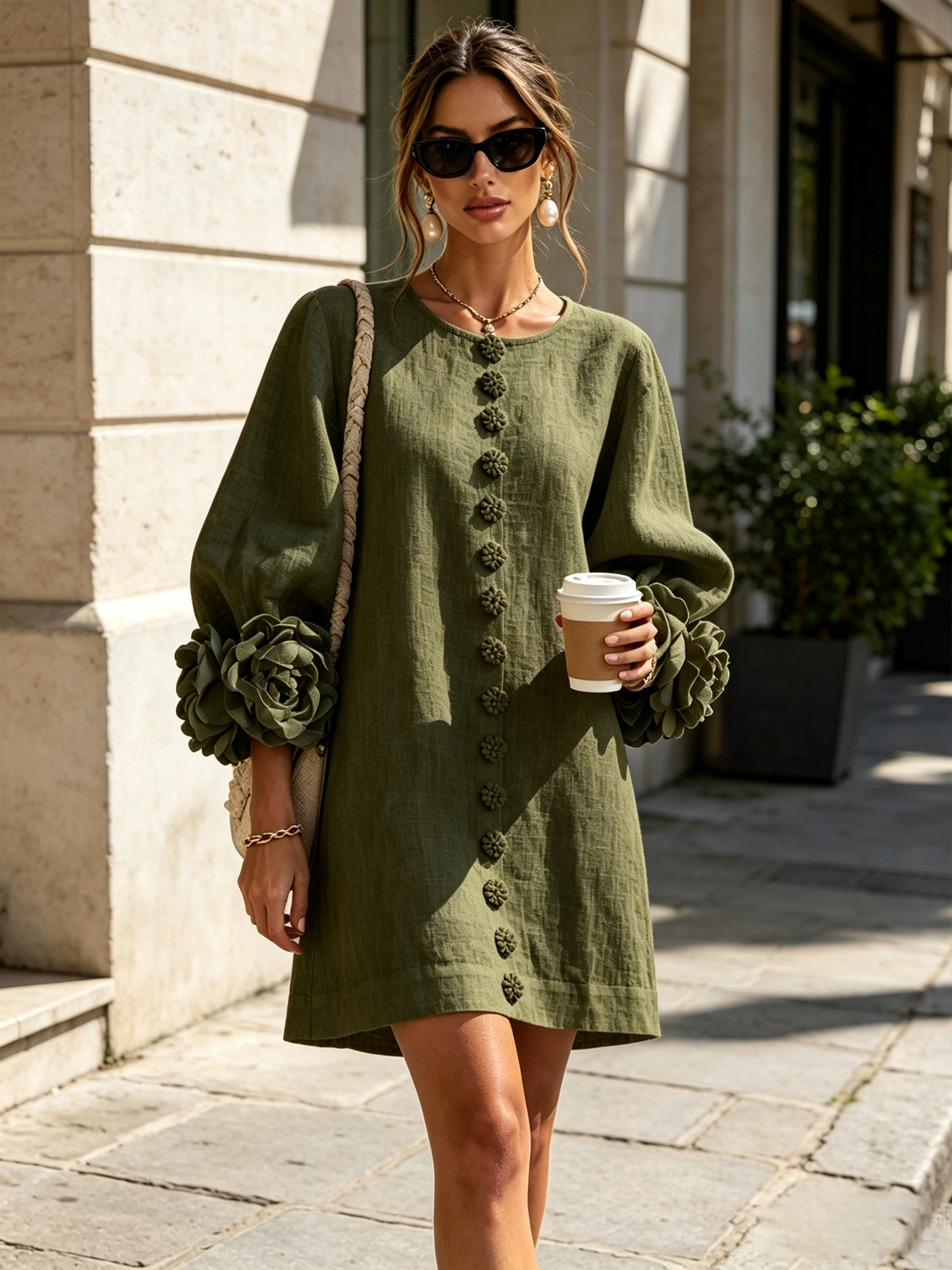 Olive Green Floral Shirt Mini Dress with Statement Floral Cuffs