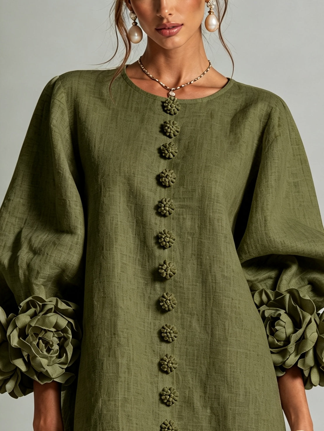 Olive Green Floral Shirt Mini Dress with Statement Floral Cuffs