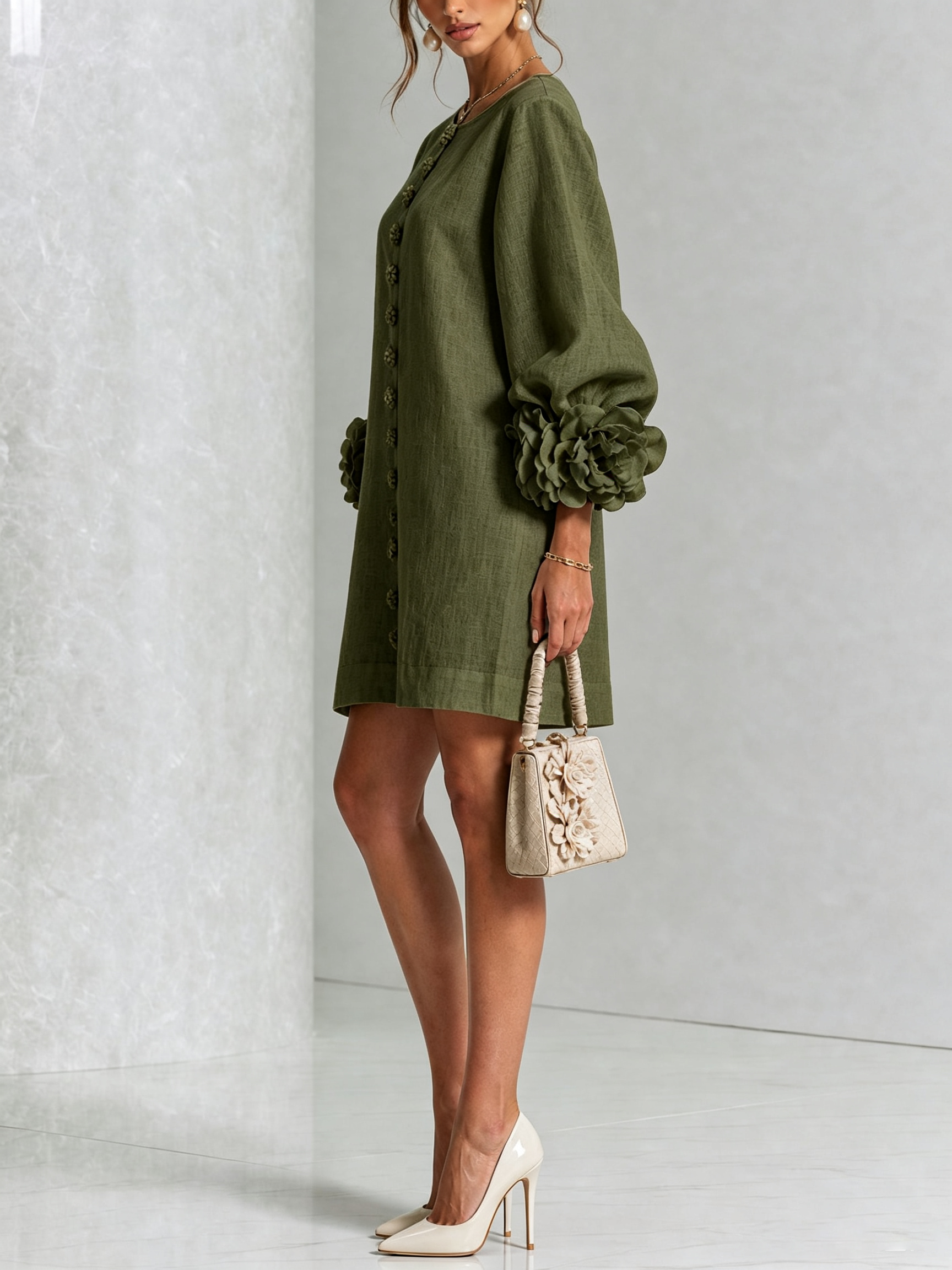 Olive Green Floral Shirt Mini Dress with Statement Floral Cuffs