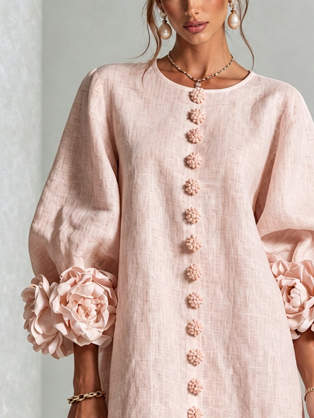 Pink Floral Shirt Mini Dress with Statement Floral Cuffs