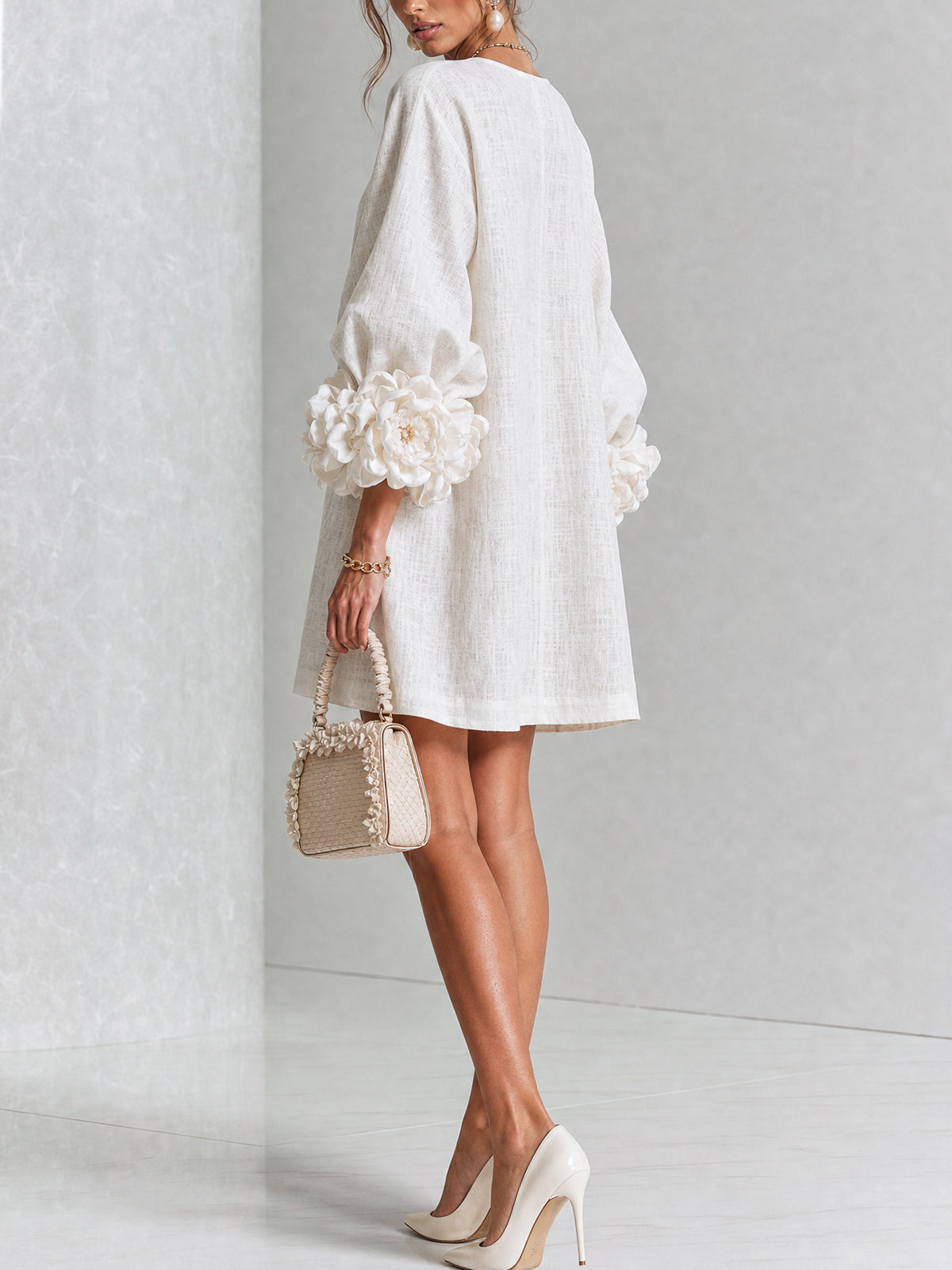 White Floral Shirt Mini Dress with Statement Floral Cuffs