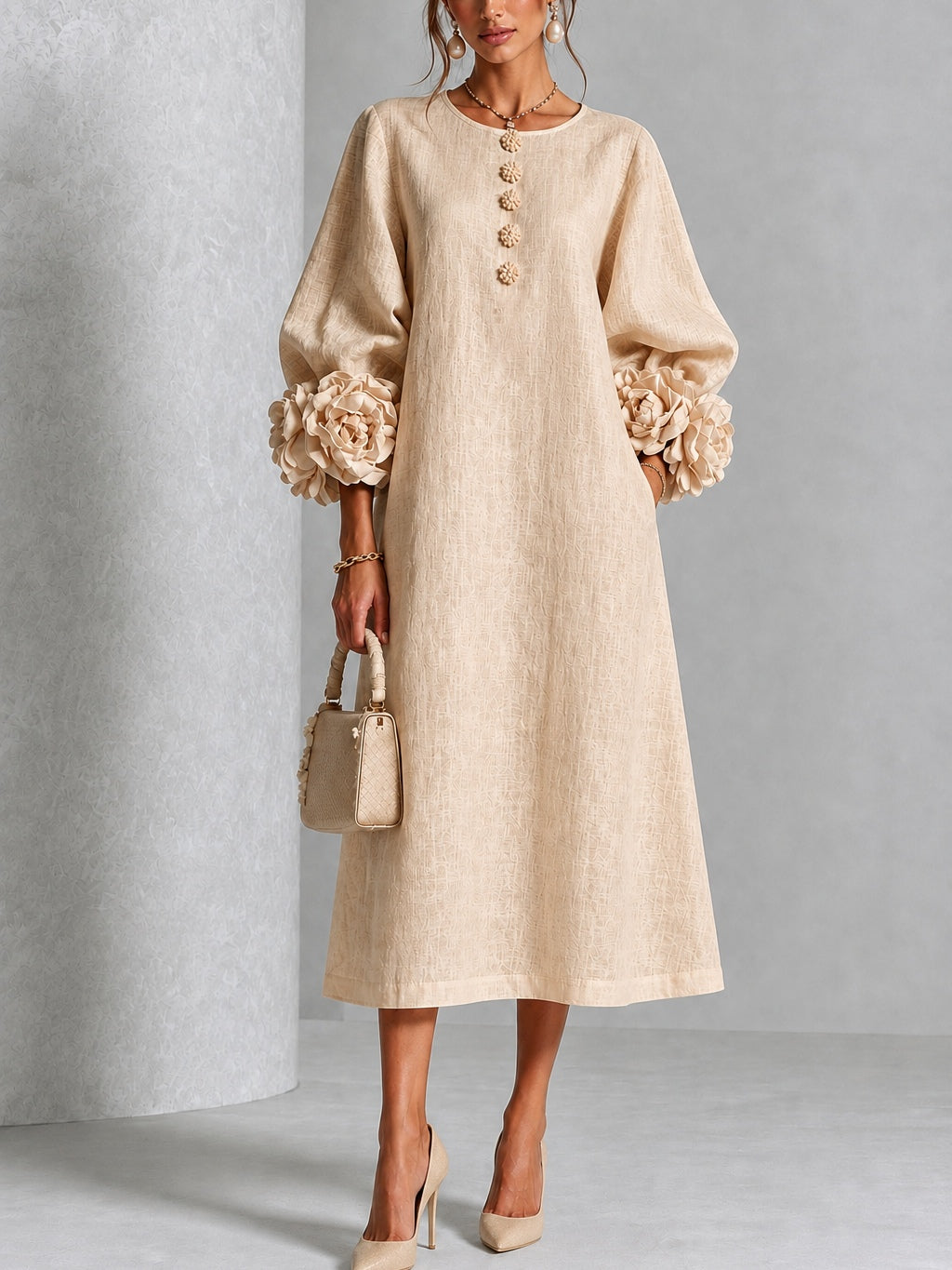 Linnea | Floral-Sleeve Midi Dress in Beige