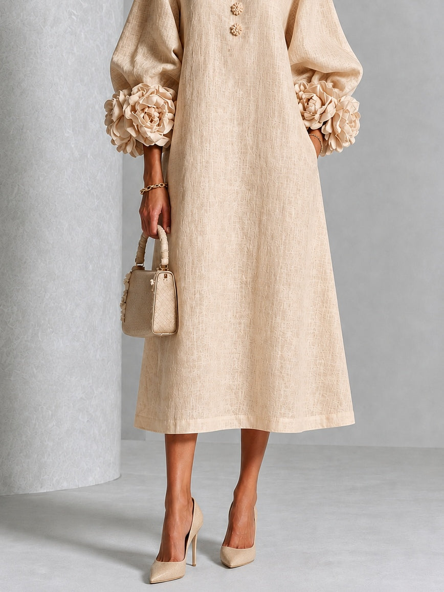 Linnea | Floral-Sleeve Midi Dress in Beige